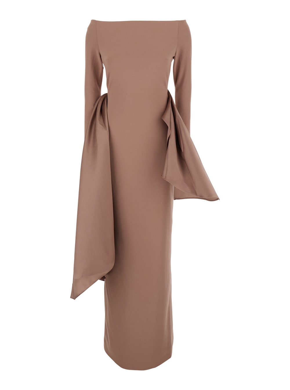 Solace London Kiana Brown Long Dress With Boat Neckline And Maxi Draped Detail In Tech Fabric Stretch Woman In Pink