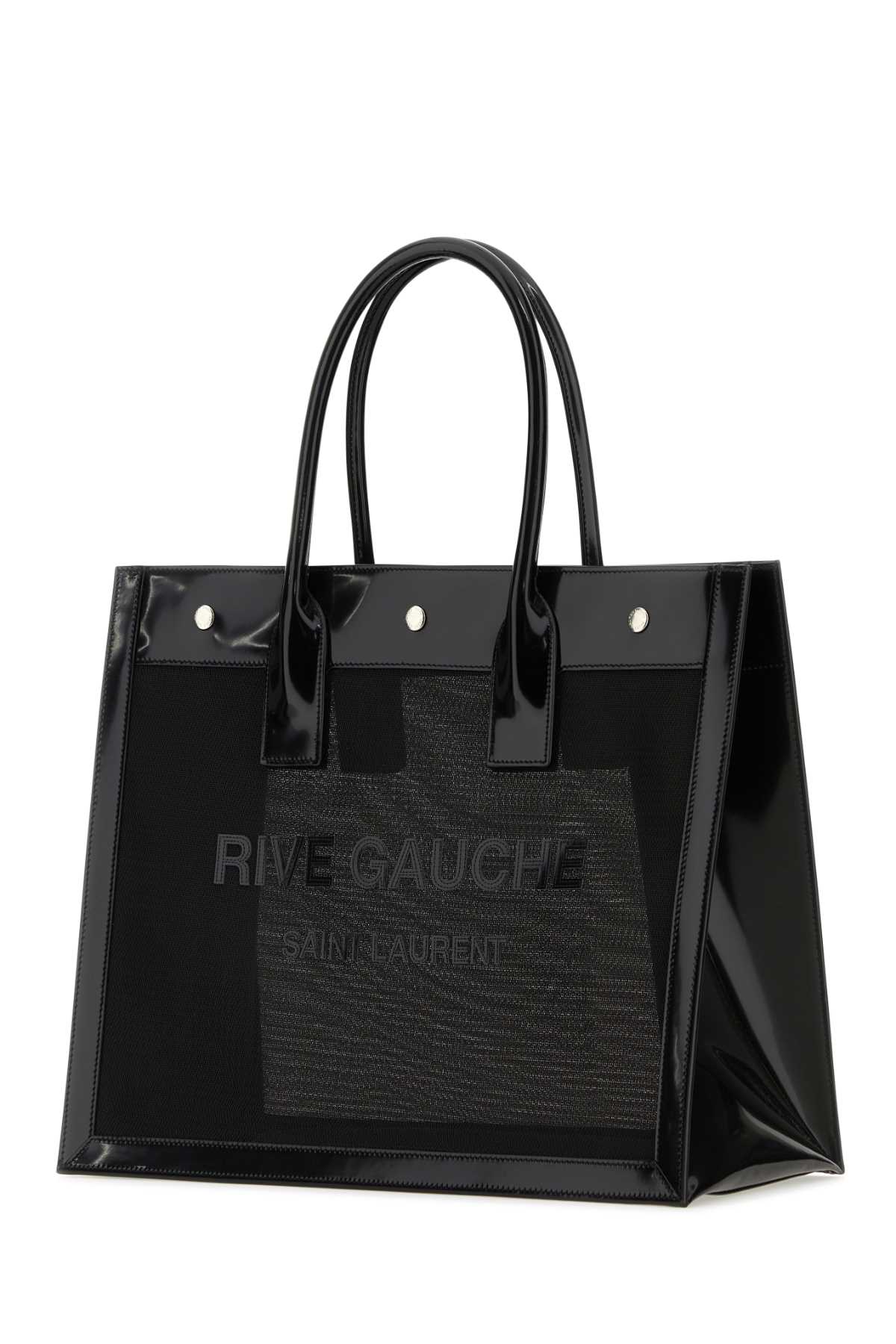 Shop Saint Laurent Black Mesh And Leather Small Rive Gauche Shopping Bag In Neronero