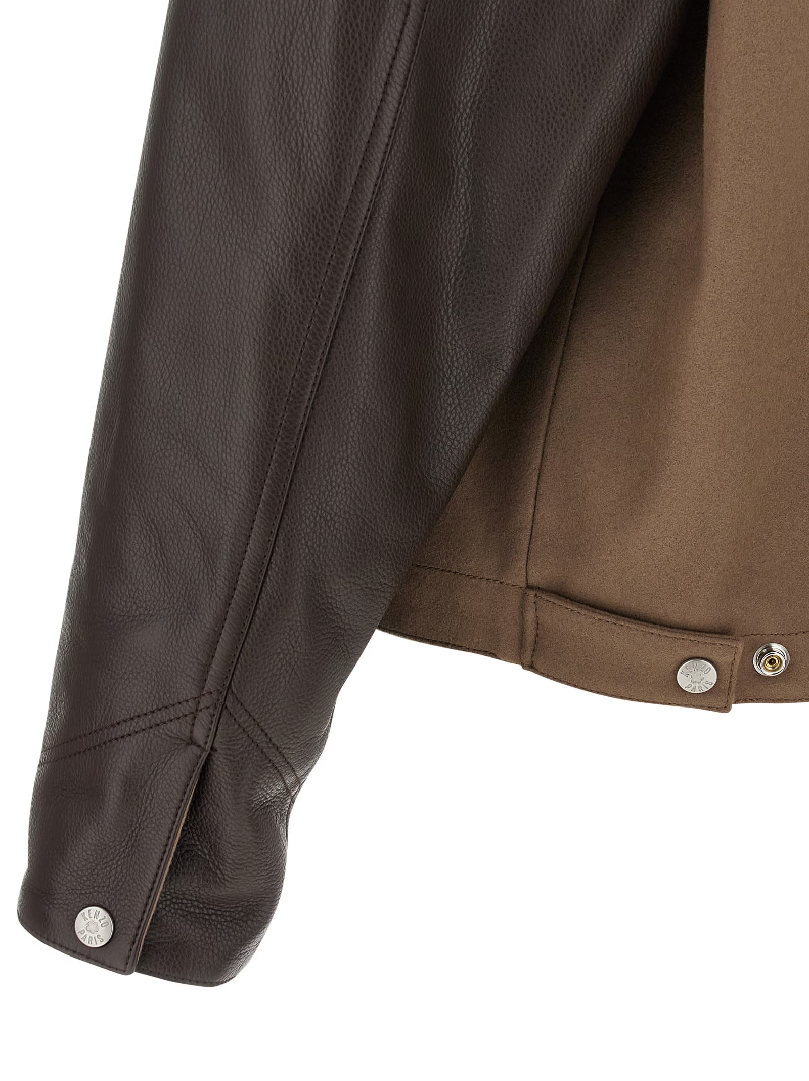 Kenzo Leather-sleeved Embroidered Jacket Coats Beige In Brown