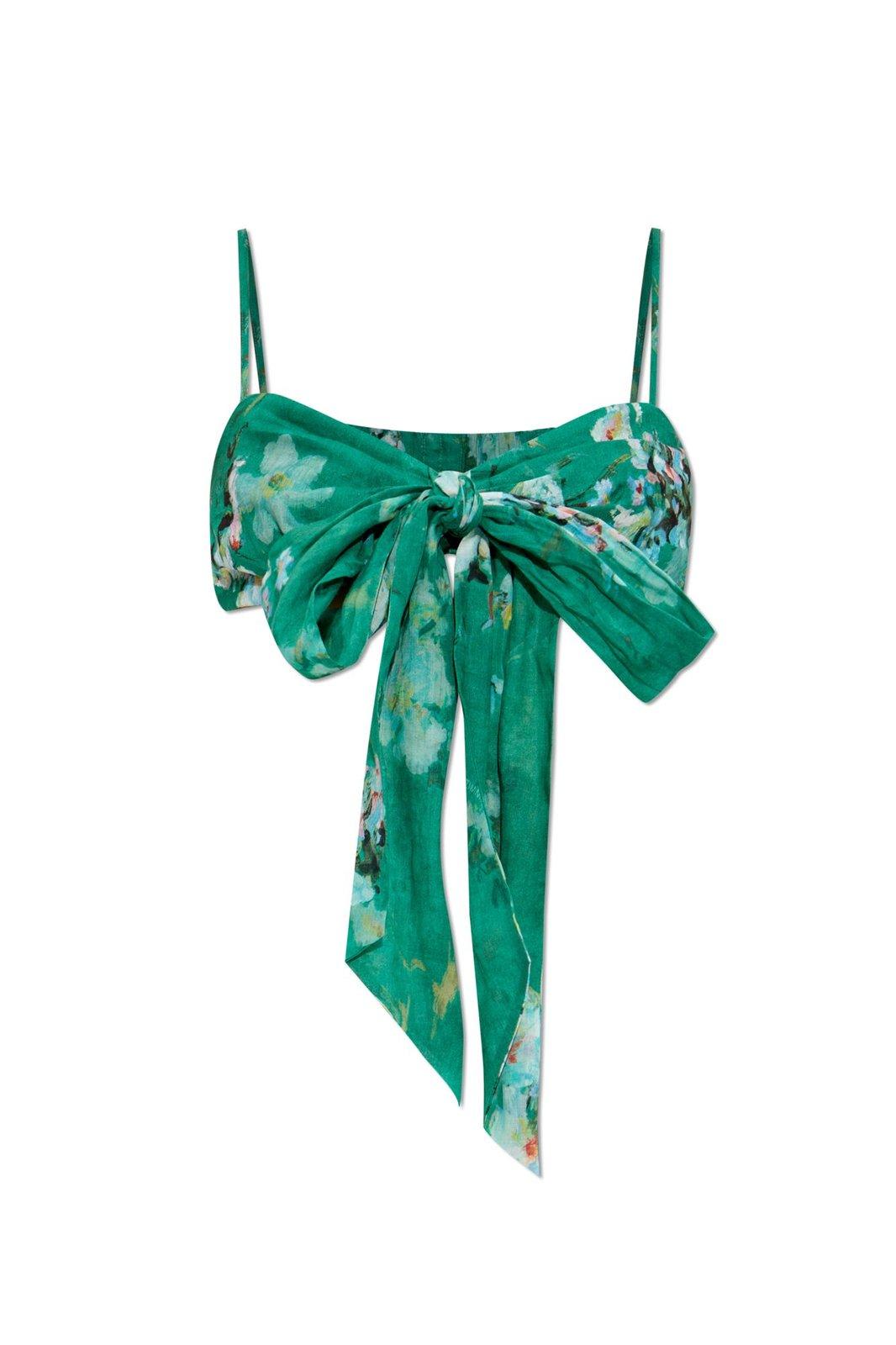Zimmermann Womens Everley Bow Floral-pattern Linen Bralette Green Watercolour Floral In Green