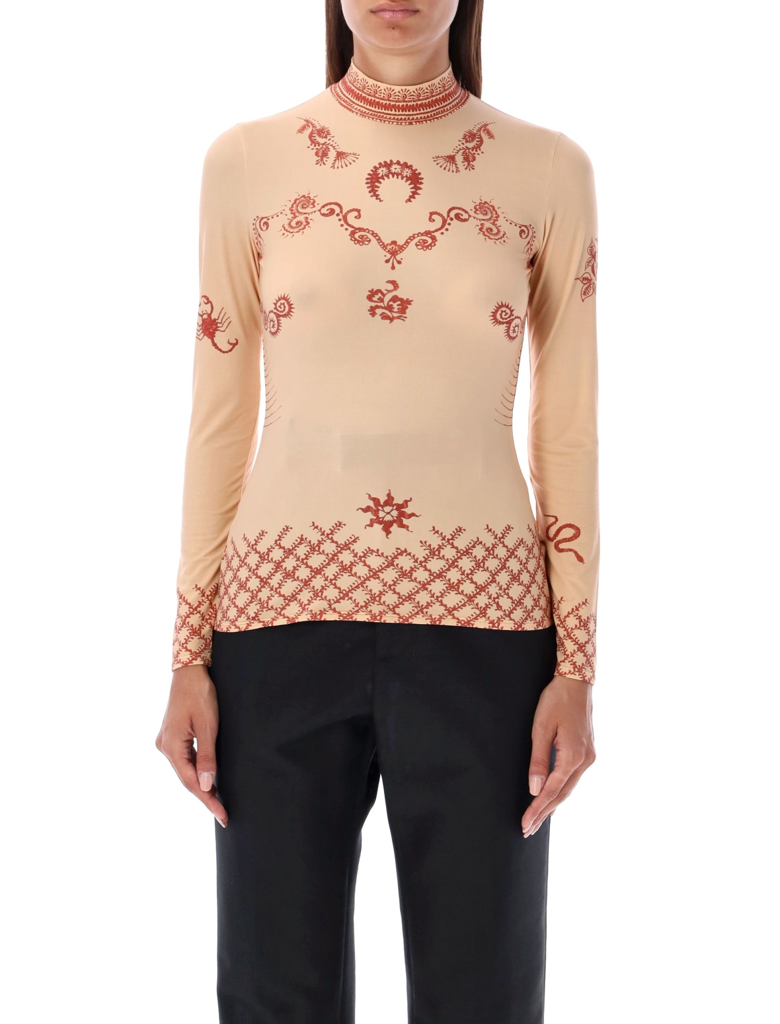 Marine Serre Henna Print Long Sleeved Second Skin Top In Tan Henna