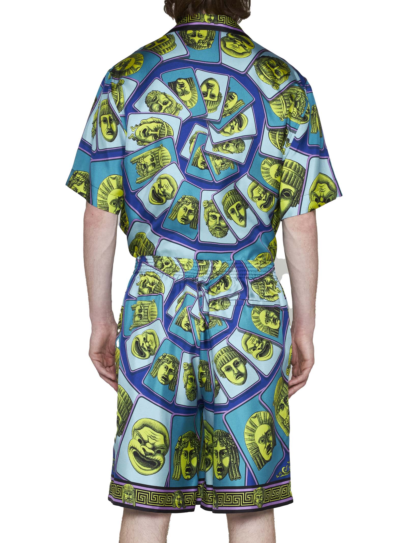 Versace Mask Print Silk Twill Shorts In Acid Green Teal