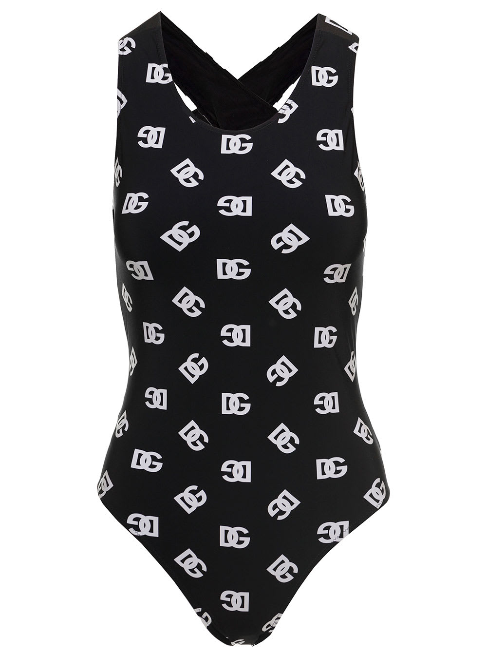 DOLCE & GABBANA BLACK ONE-PIECE SWIMSUIT WITH ALL-OVER DG LOGO PRINT IN STRETCHY POLYAMIDE WOMAN DOLCE & GABBANA