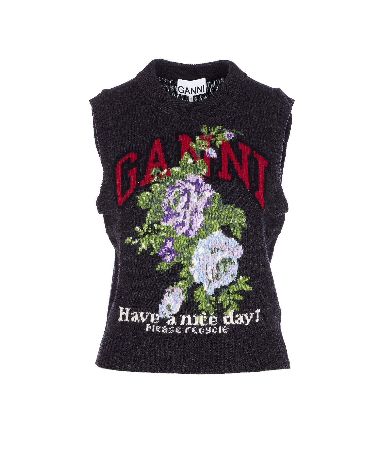 Ganni Flowers Grey Vest In Black