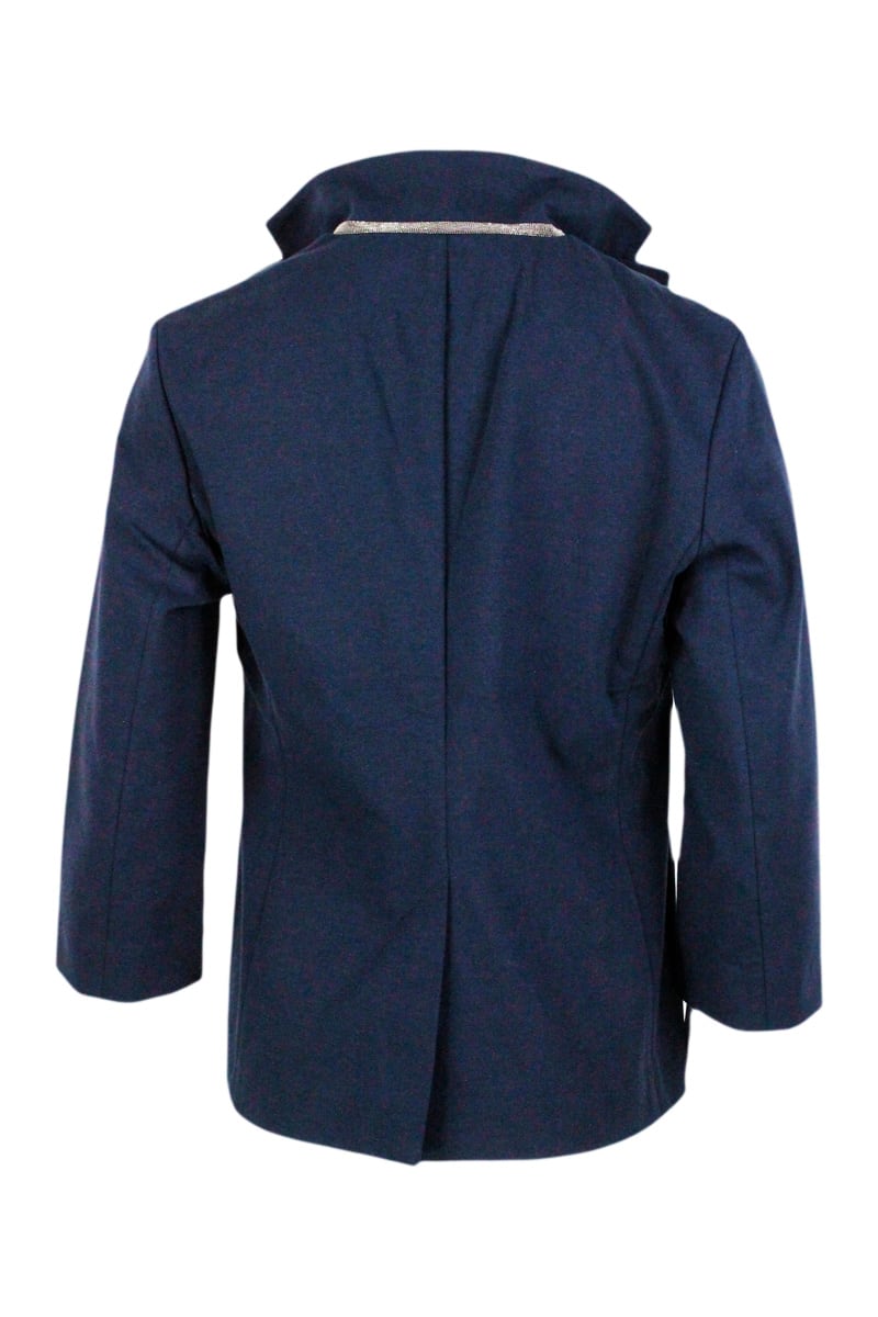 Shop Fabiana Filippi Single-breasted Blazer Jacket In Stretch Cotton Jersey With Three-quarter Sleeves Embellished With S In Blu