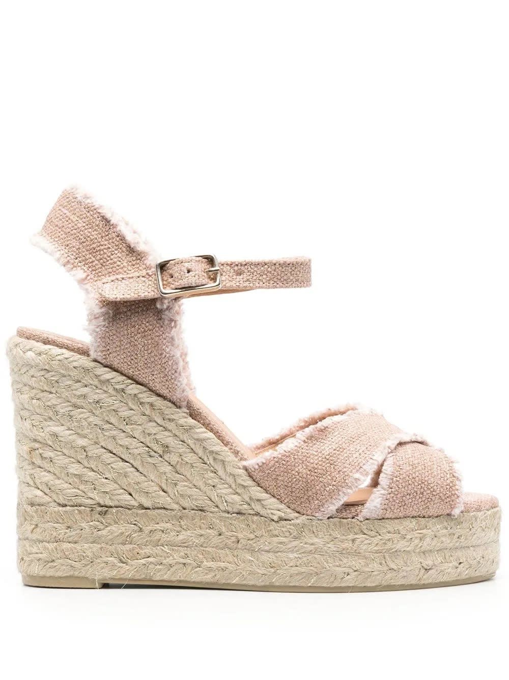 Castañer Bromelia Wedge Espadrille In Pink Linen With Gold Glitter