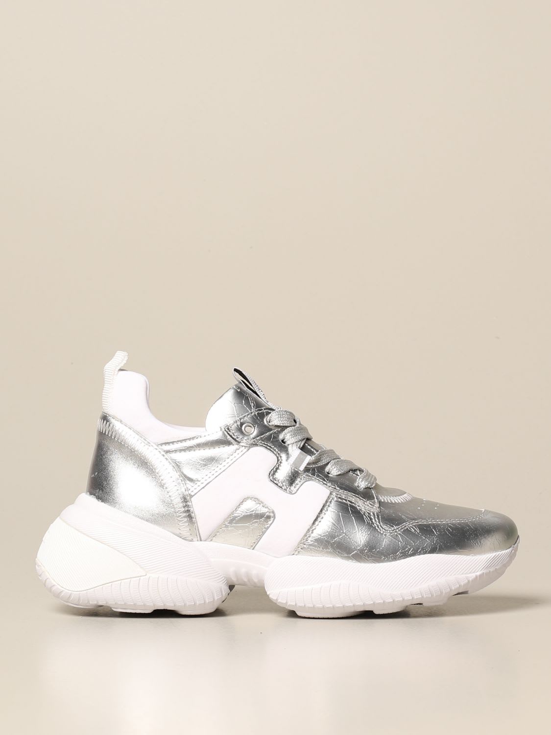 Hogan Sneakers In Laminated Leather And Neoprene In Silver