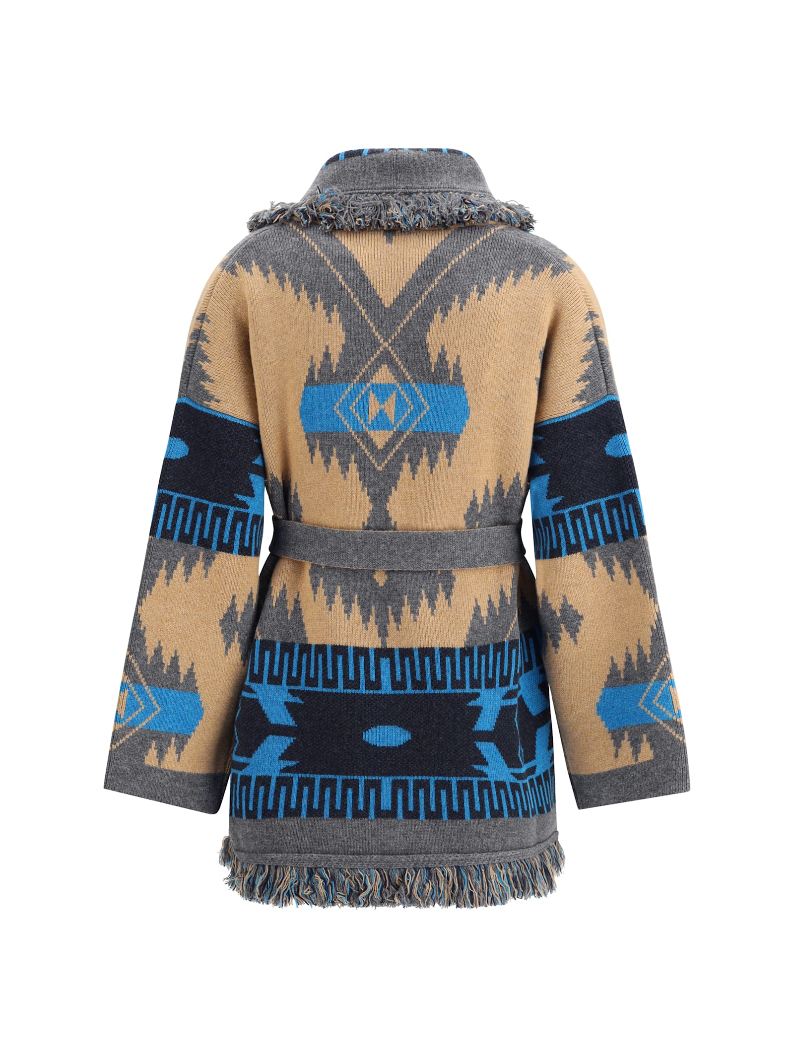 Alanui Geometric Jacquard Belted Fringe Cardigan In Multi