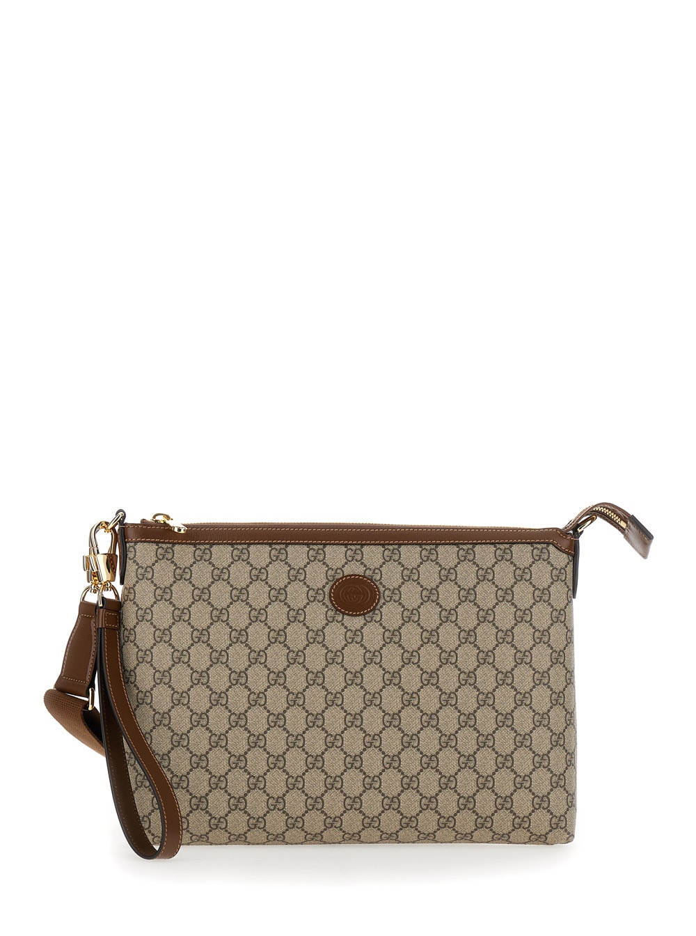 Gucci Beige And Ebony Pouch With Gg Patch In Gg Supreme Canvas Man In Sand
