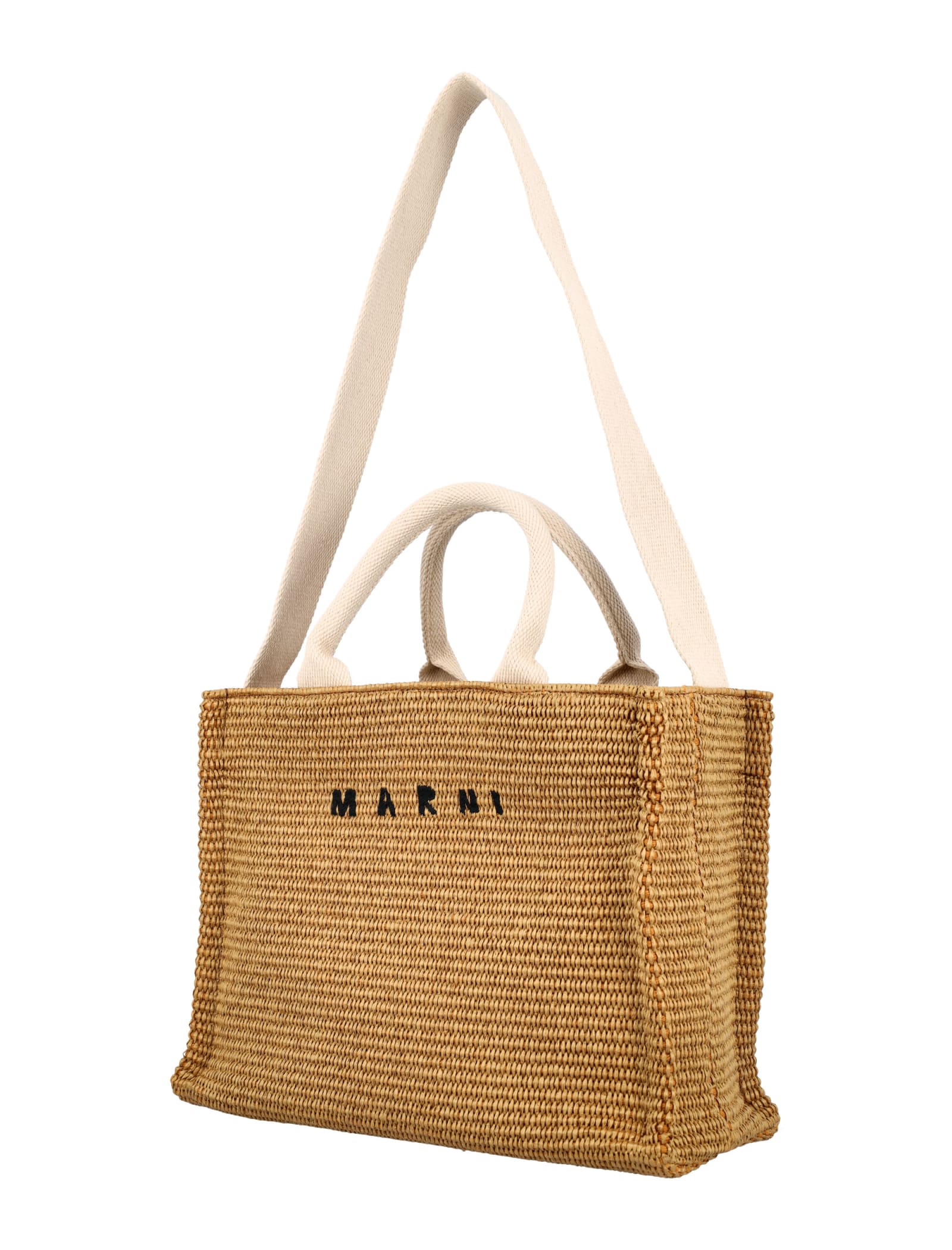 Shop Marni Small Raffia Tote Bag In Raw Sienna/natural