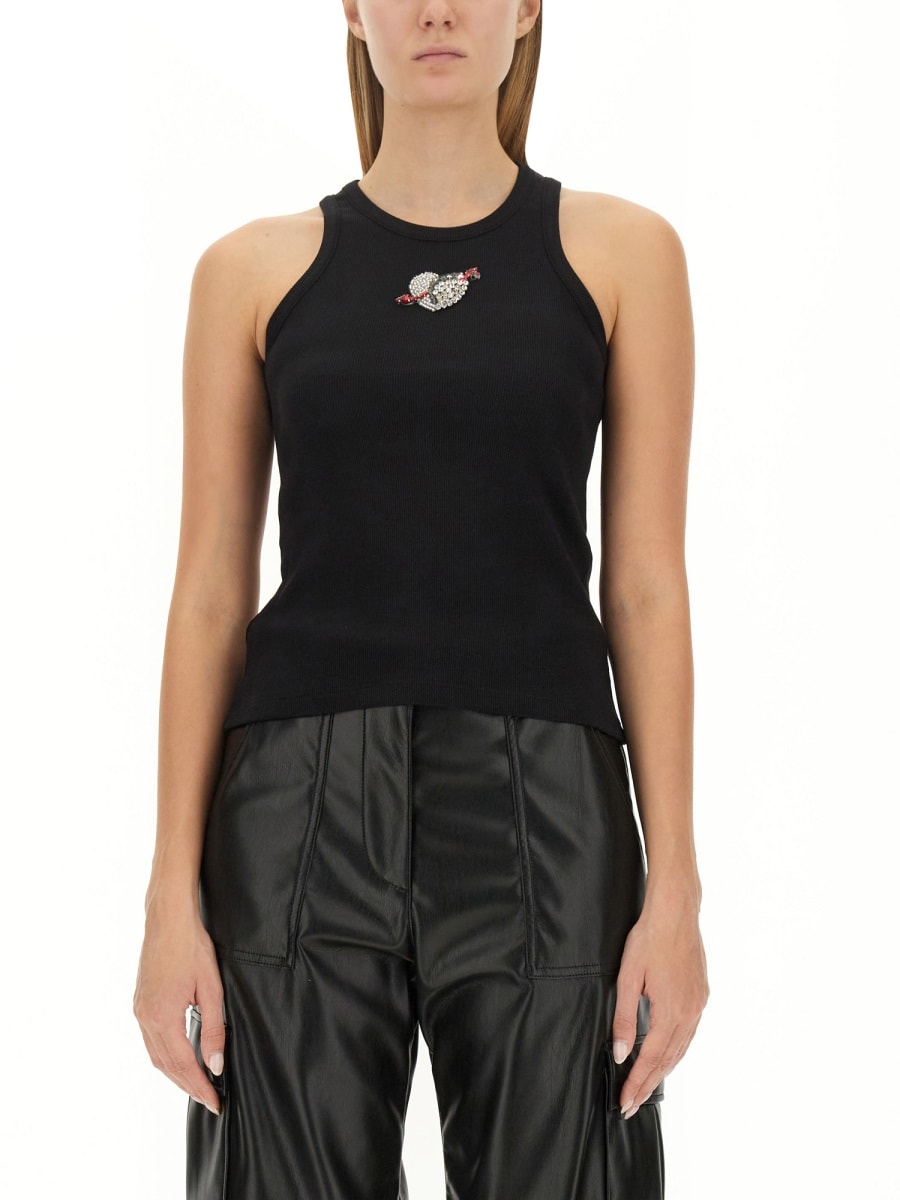 Msgm Fitted Sleeveless Ribbed Cotton Top With Embroidered Detail In Black