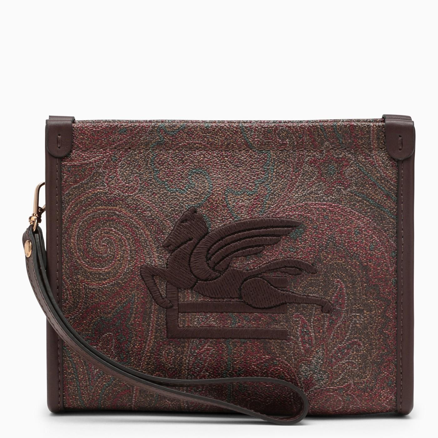 Etro Paisley Clutch Bag In Coated Canvas With Logo In Marrone
