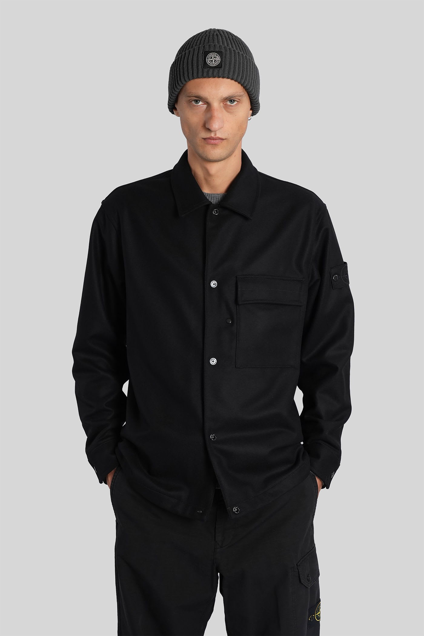 Stone Island Ghost Virgin Wool Blend Overshirt In Black