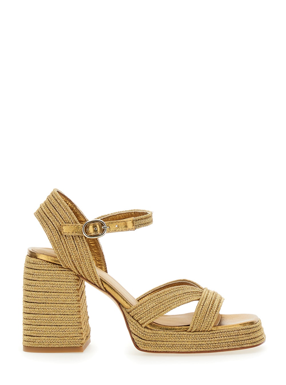 Castañer valle Gold-colored Heeled Sandals With Buckle In Metallic Fabric Woman