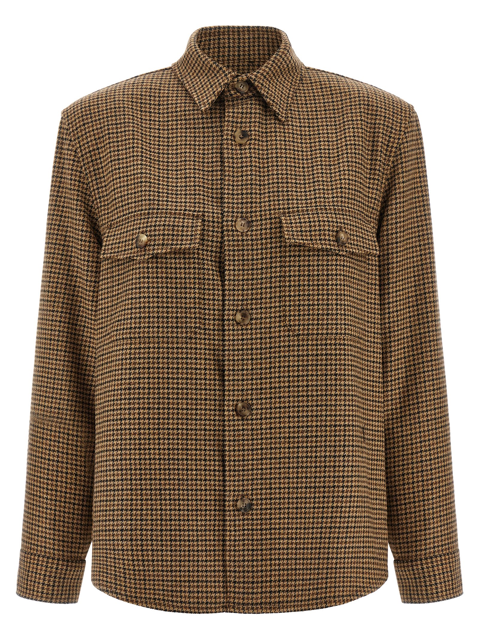 Saint Laurent Long Sleeve Checkered Overshirt Chest Pockets In Brown