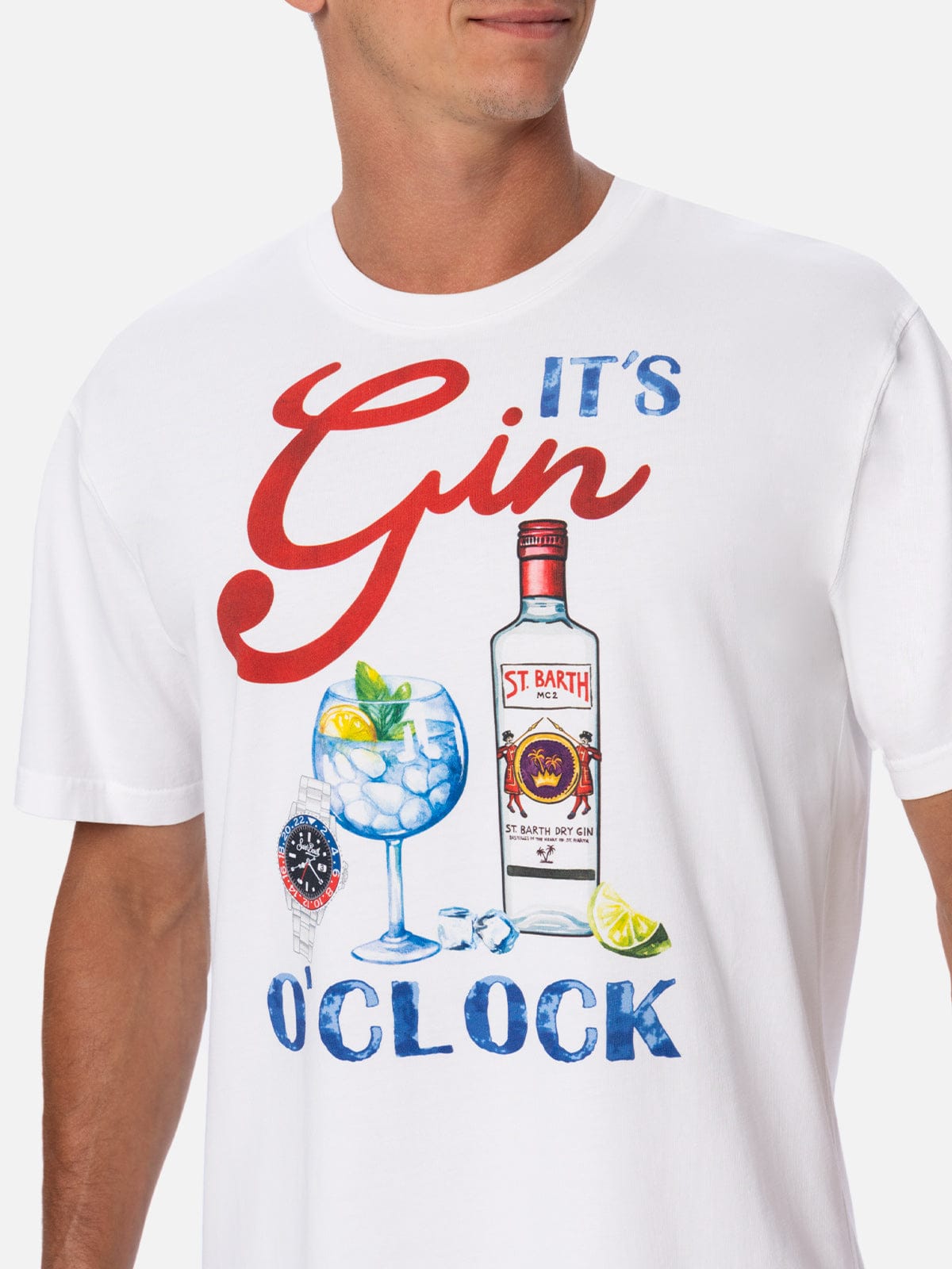 MC2 SAINT BARTH MAN COTTON T-SHIRT WITH ITS GIN OCLOCK PLACED PRINT