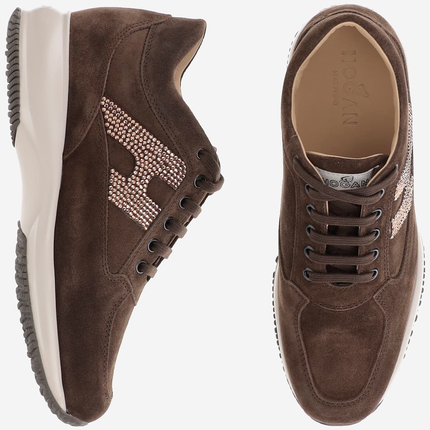 Hogan Chocolate Suede Sneakers With Rhinestone Logo In Brown