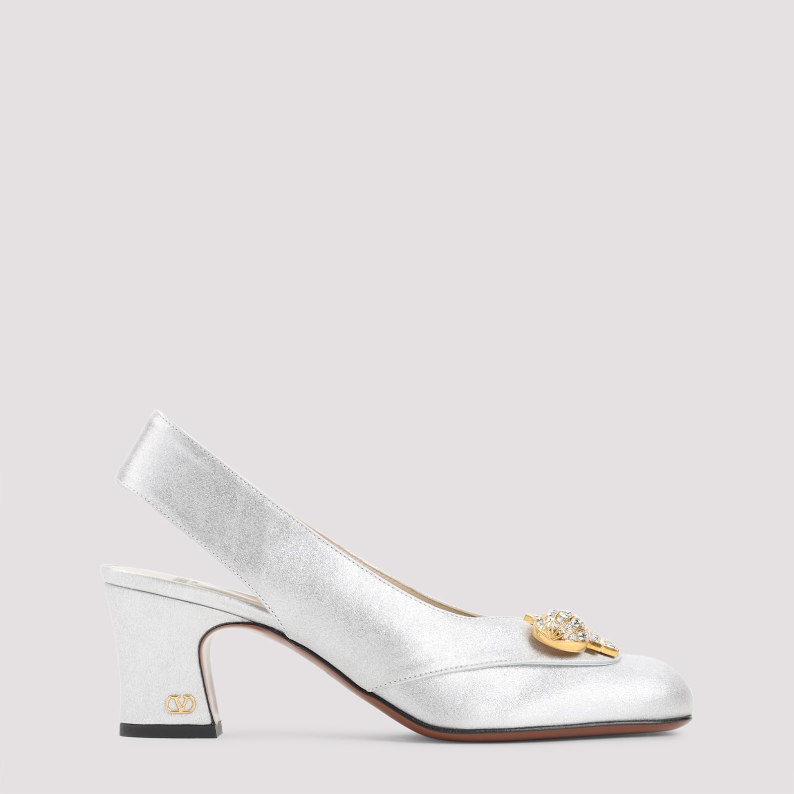 Valentino Block Heel Embellished Slingback Square Toe Pumps In Silver