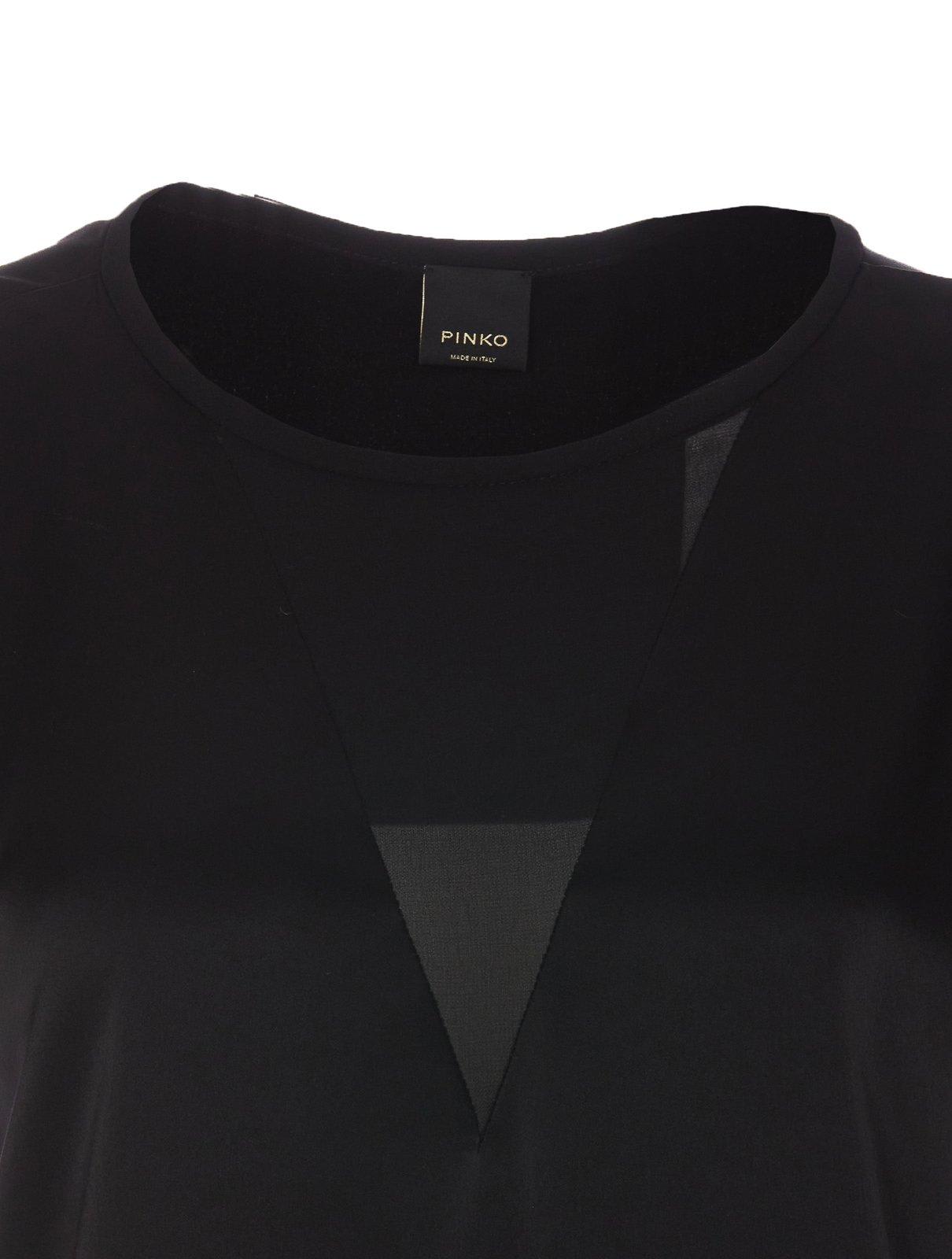 Shop Pinko Semi-sheer Panelled Crewneck Satin Blouse  In Black