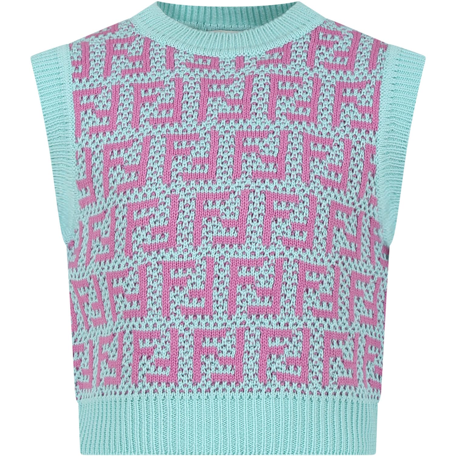 Shop Fendi Light Blue Vest Sweater For Girl With Ff In Azzurro