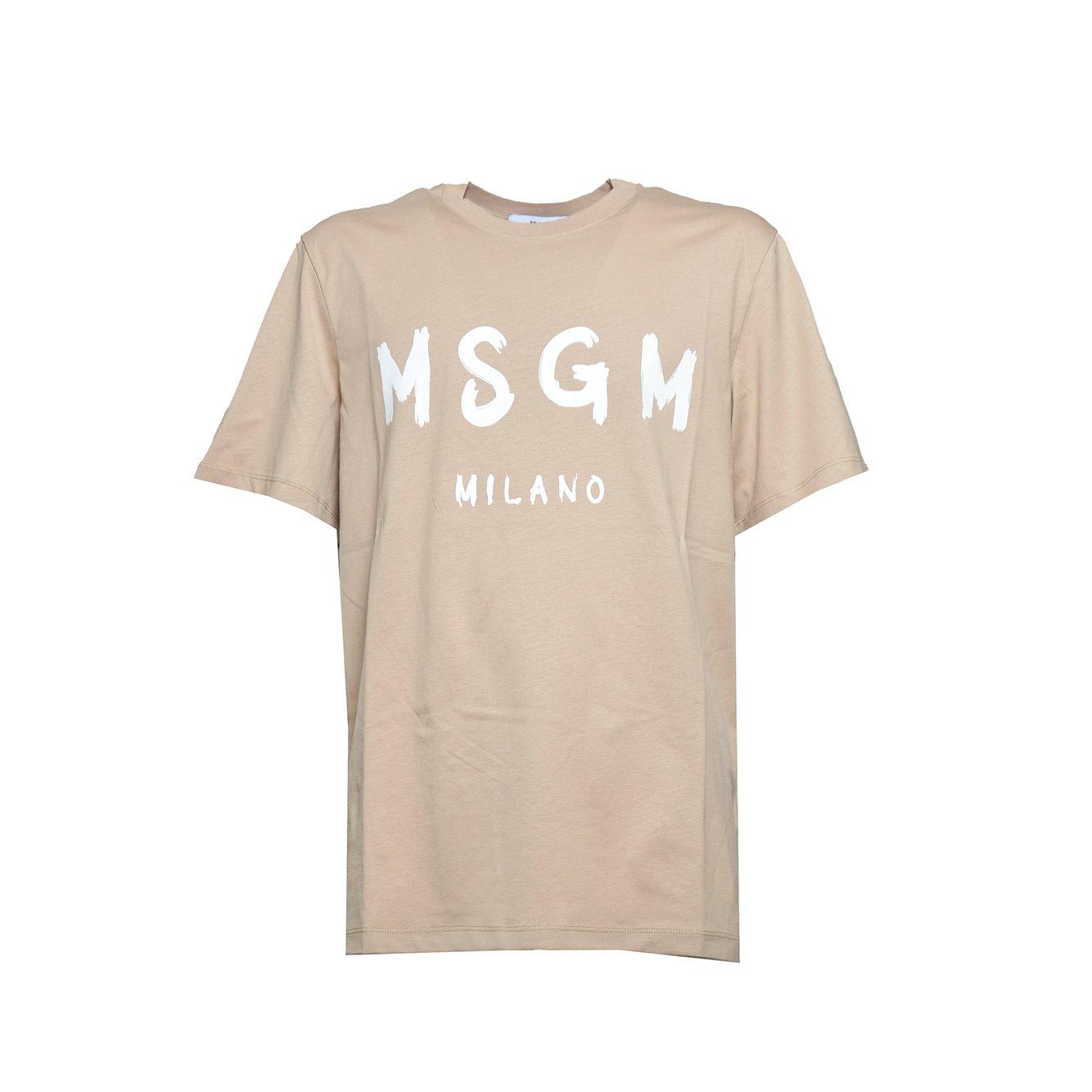 Shop Msgm Logo-printed Crewneck T-shirt In Beige