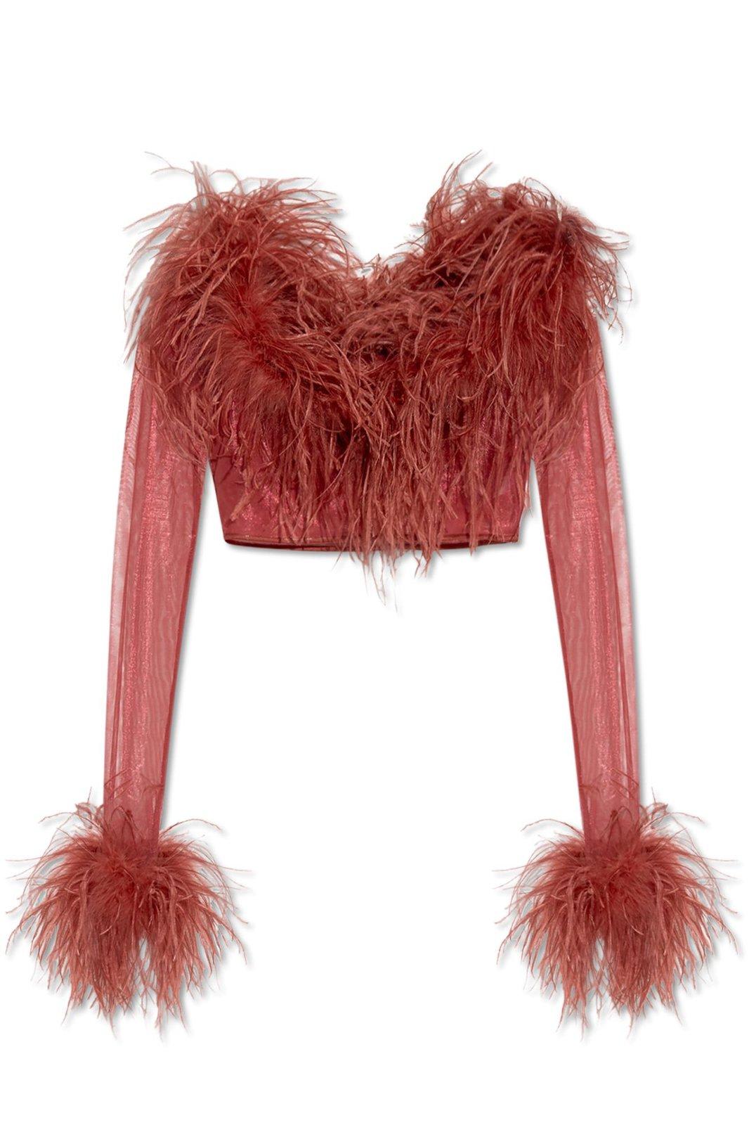 Oseree Feather-trim Cropped Off-shoulder Top