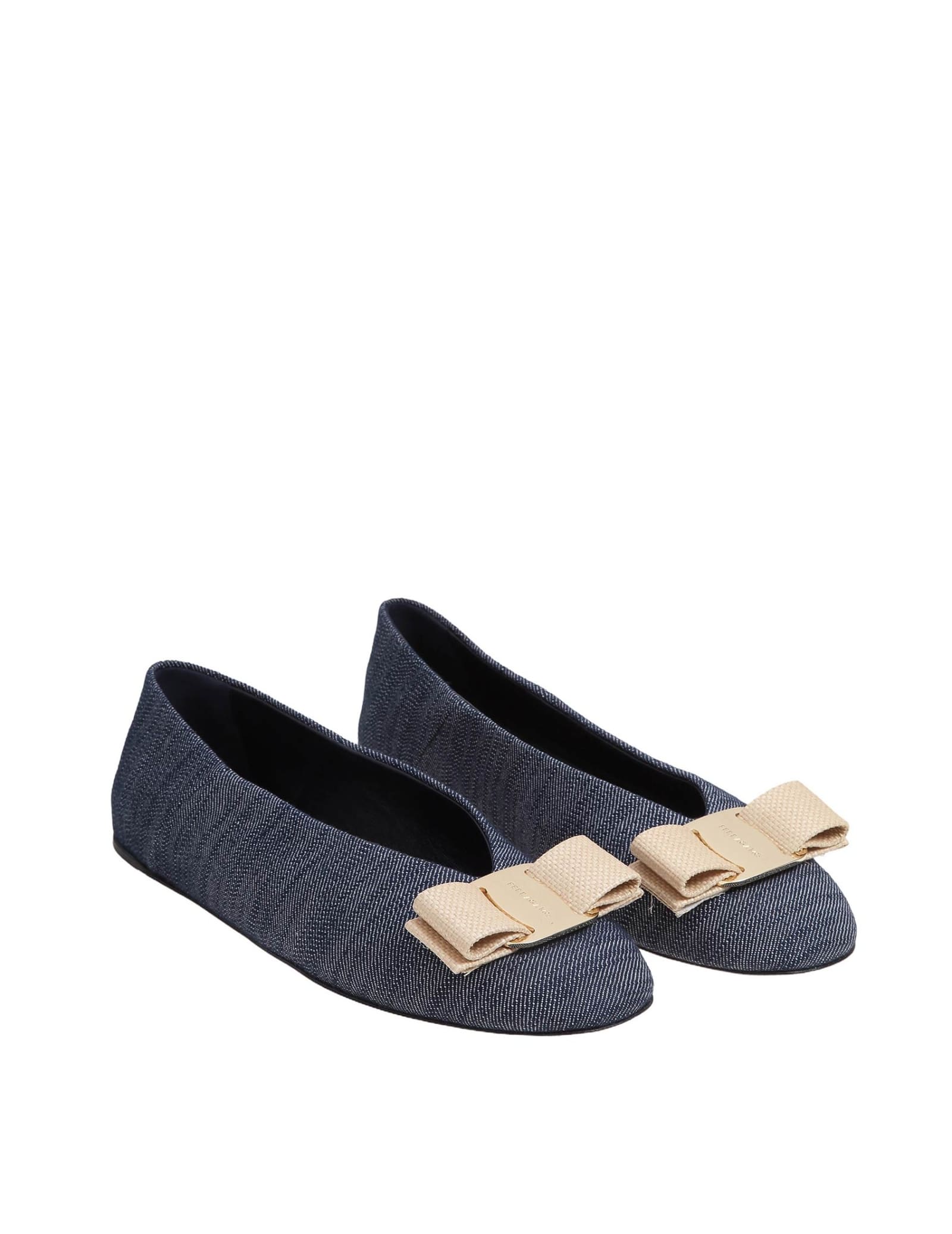 Shop Ferragamo Vanna Ballerina In Denim With Vara Bow