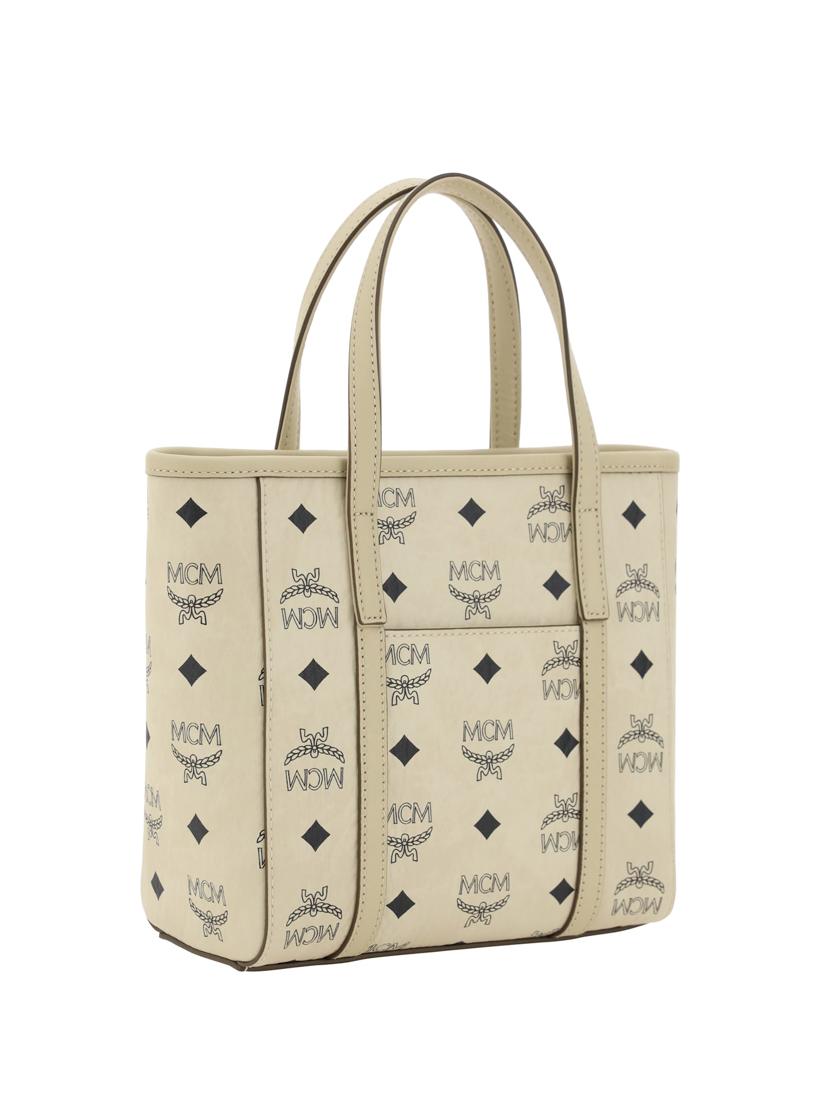 Shop Mcm Shopper Bag Mini In Beige+black Logo