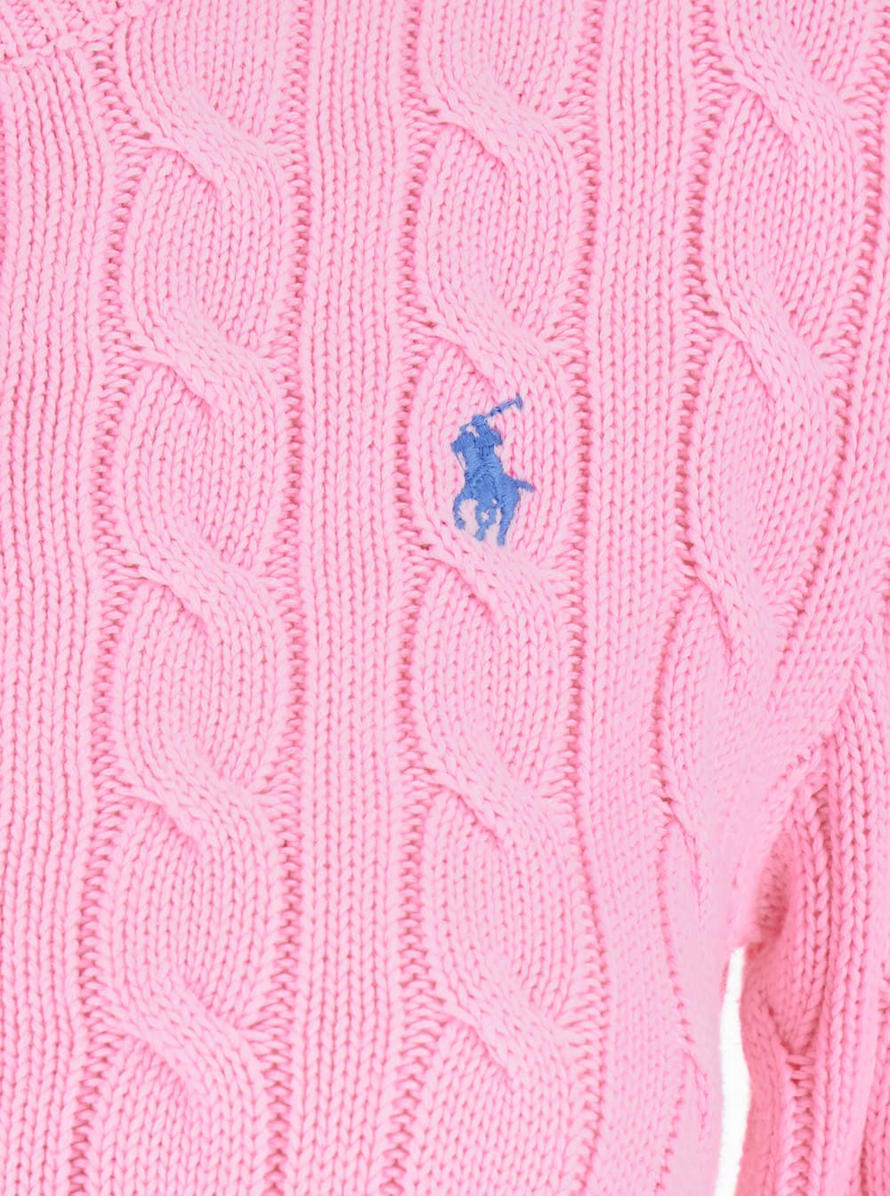 Polo Ralph Lauren Pink Crewneck Cable Knit Cardigan With Pony Embroidery On The Front In Cotton Woman In Pink
