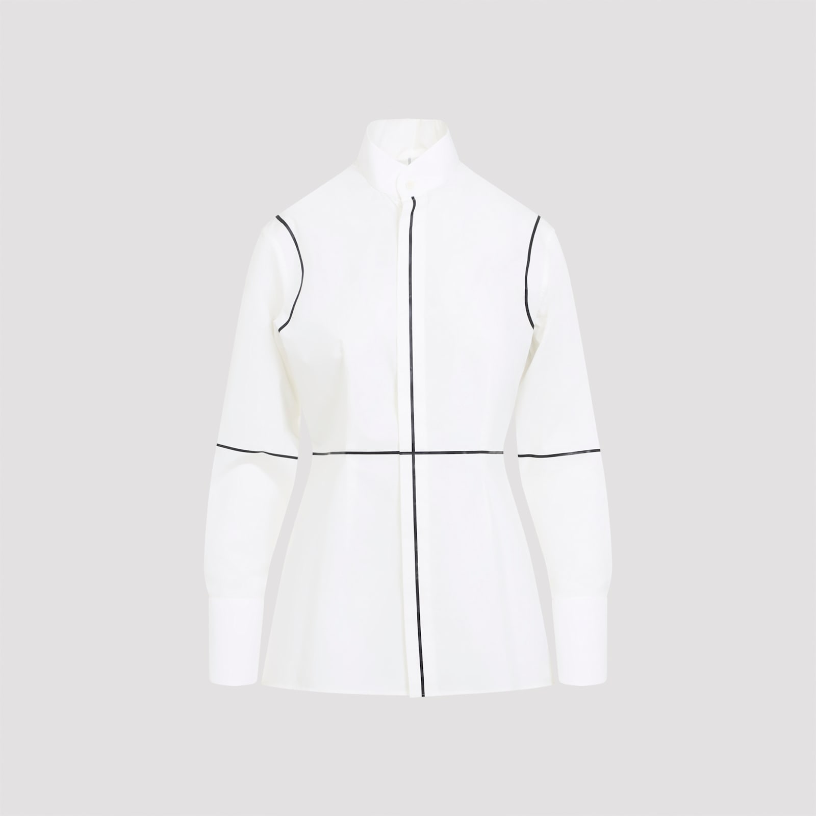 Mm6 Maison Margiela Stand-up Collar Off-white Cotton Shirt With Geometric Stripes In White