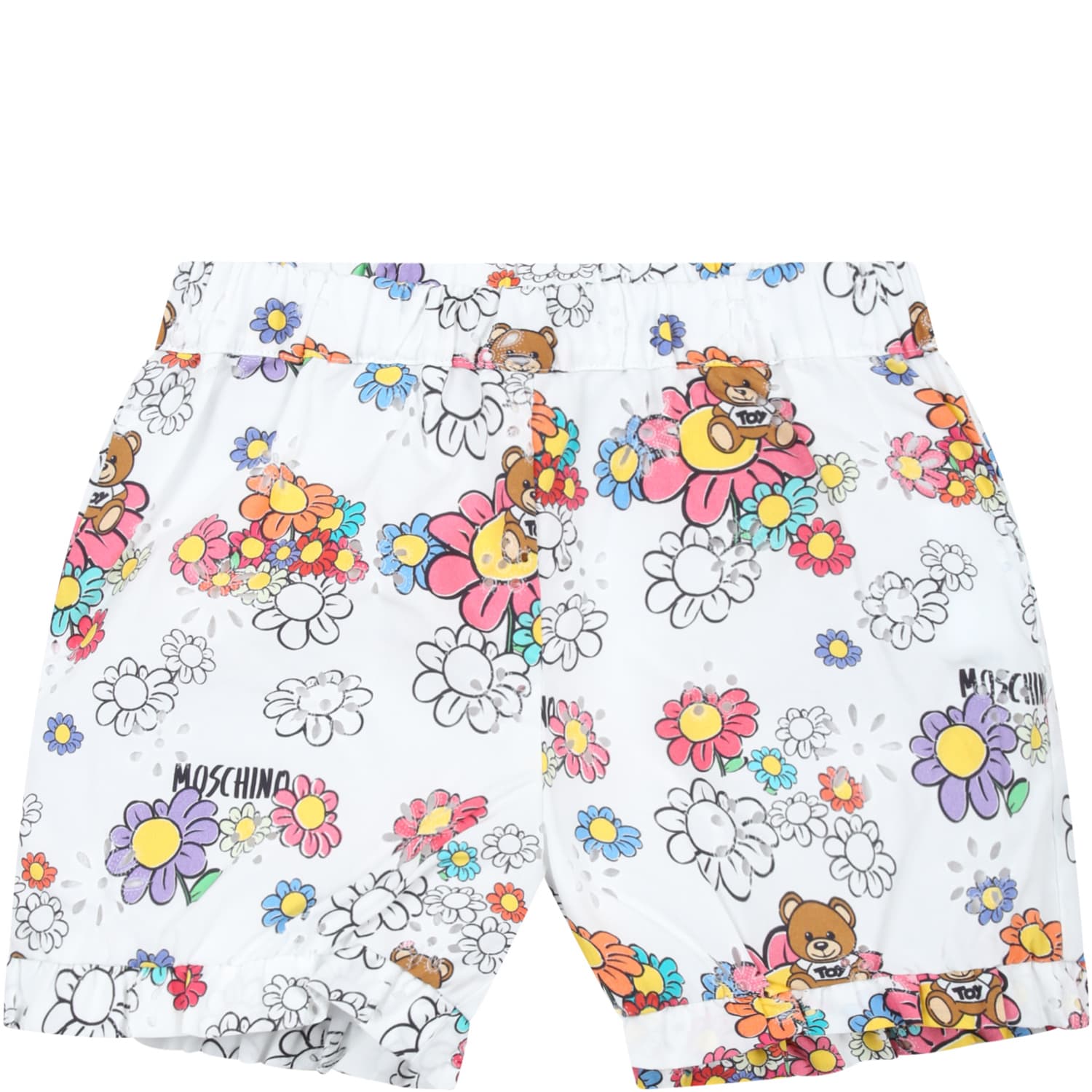 Moschino White Shorts For Baby Girl With Flowers And Teddy Bear