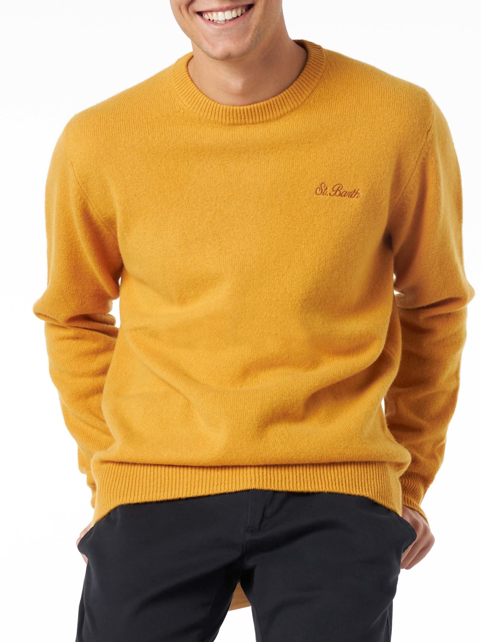Mc2 Saint Barth Man Crewneck Ochre Yellow Sweater With St. Barth Embroidery In Yellow