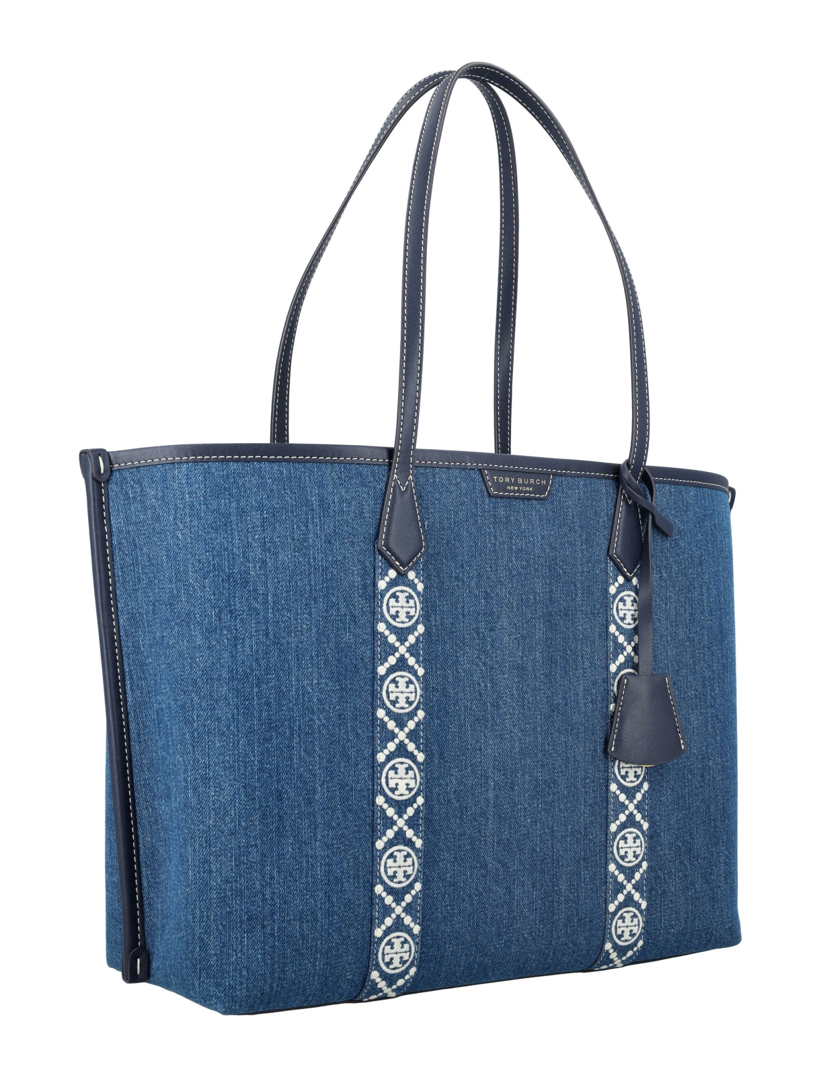 Shop Tory Burch Perry Denim Triple-compartment Tote In Denim Multi