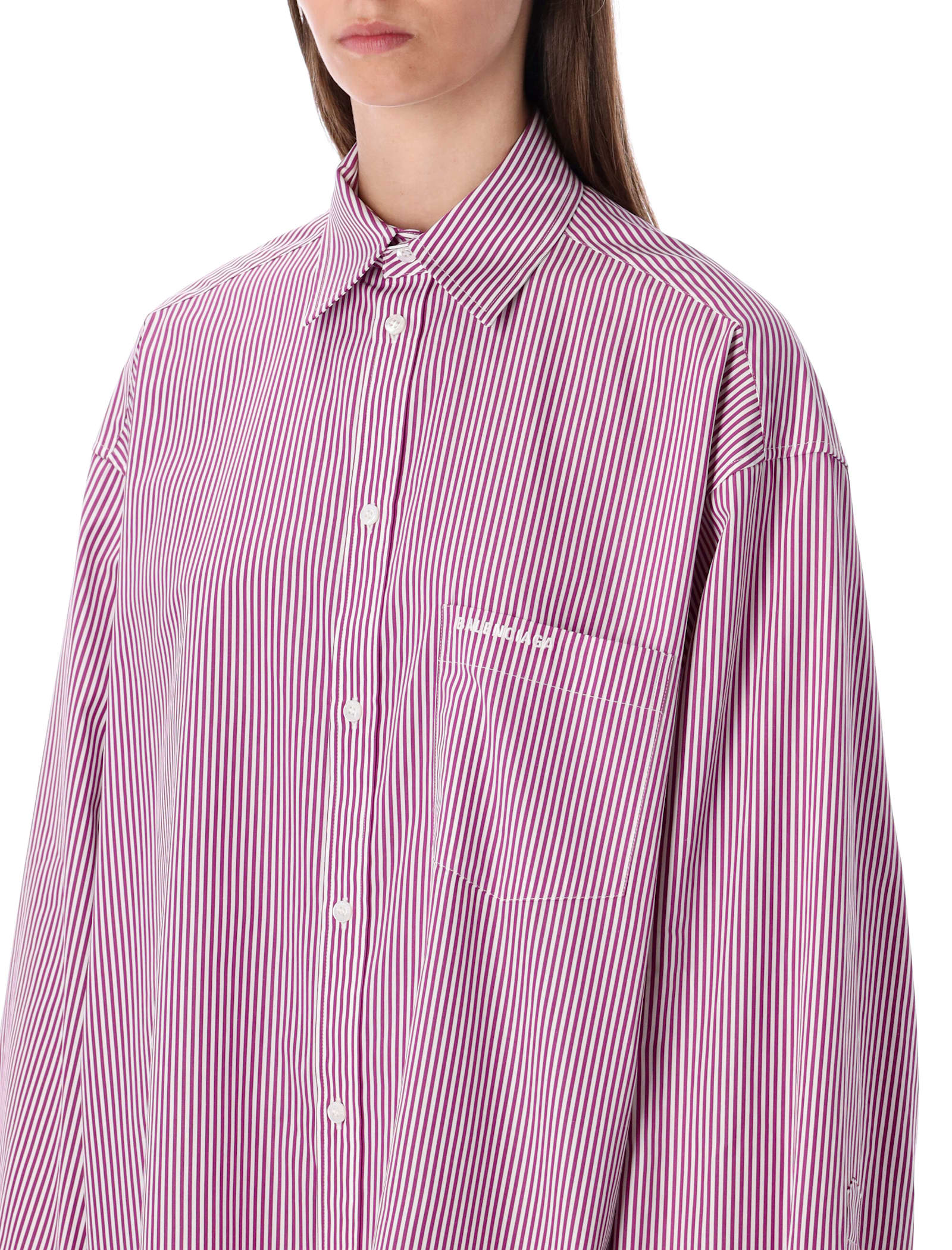 Balenciaga Oversized Striped Cotton Shirt With Knotted Cuffs In Pink