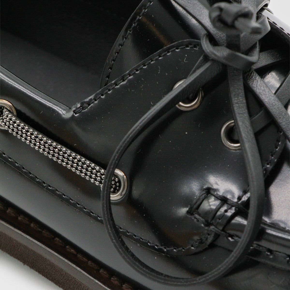 Brunello Cucinelli Glossy Loafers Featuring Metal Eyelets In Black