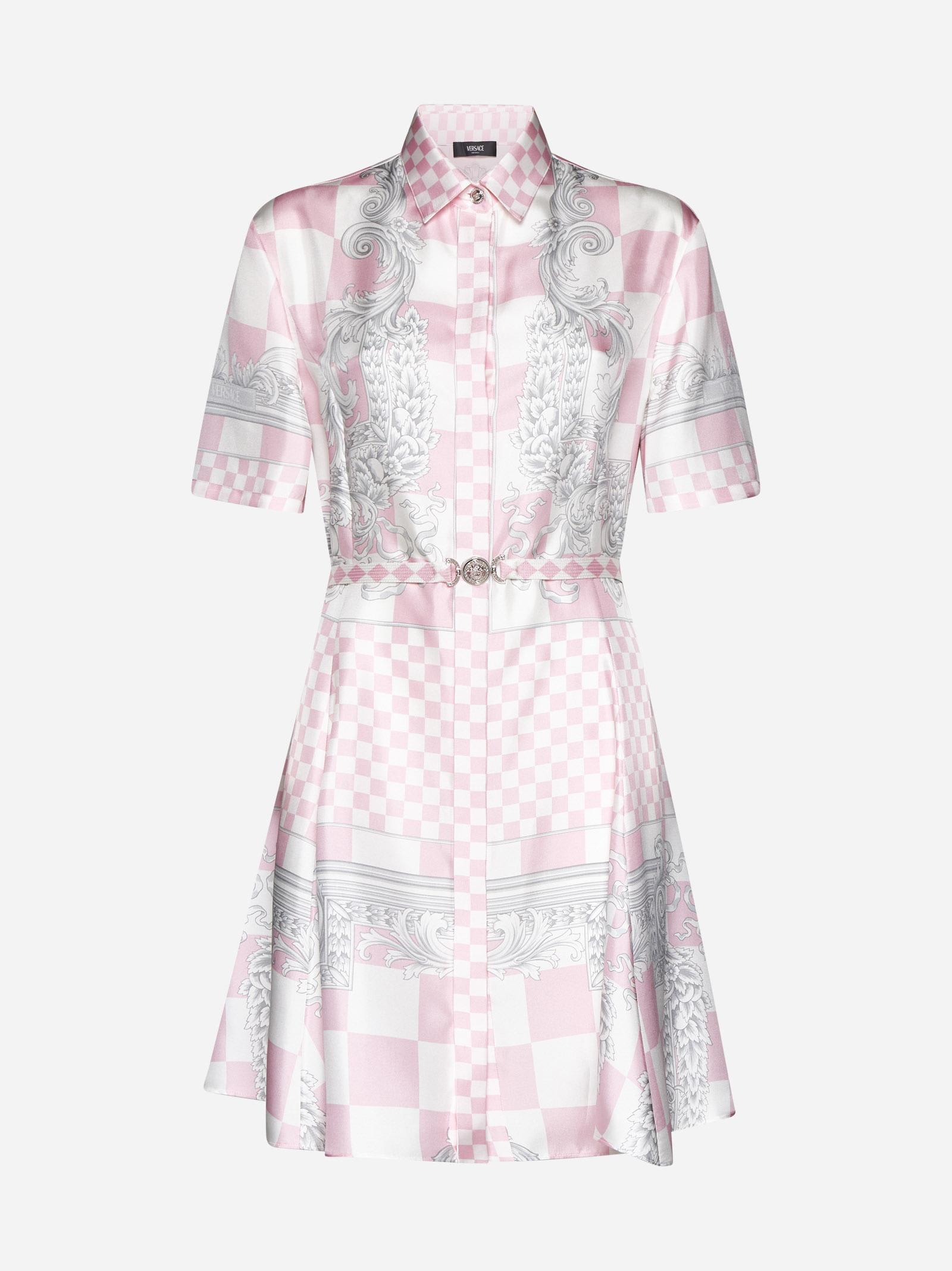 Shop Versace Barocco Damier Print Silk Dress In Pink
