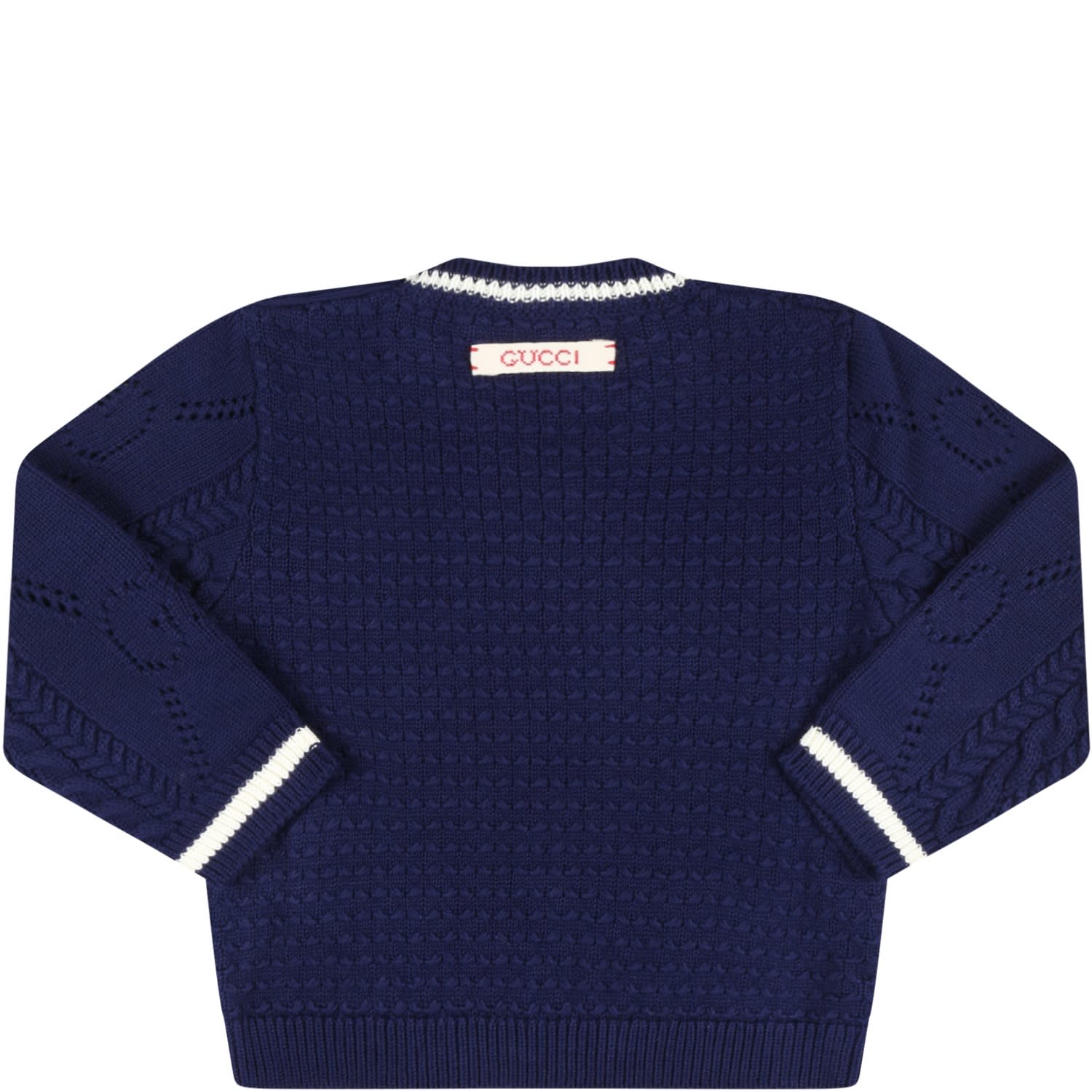 Shop Gucci Blue Sweater For Baby Boy With Logo Patch