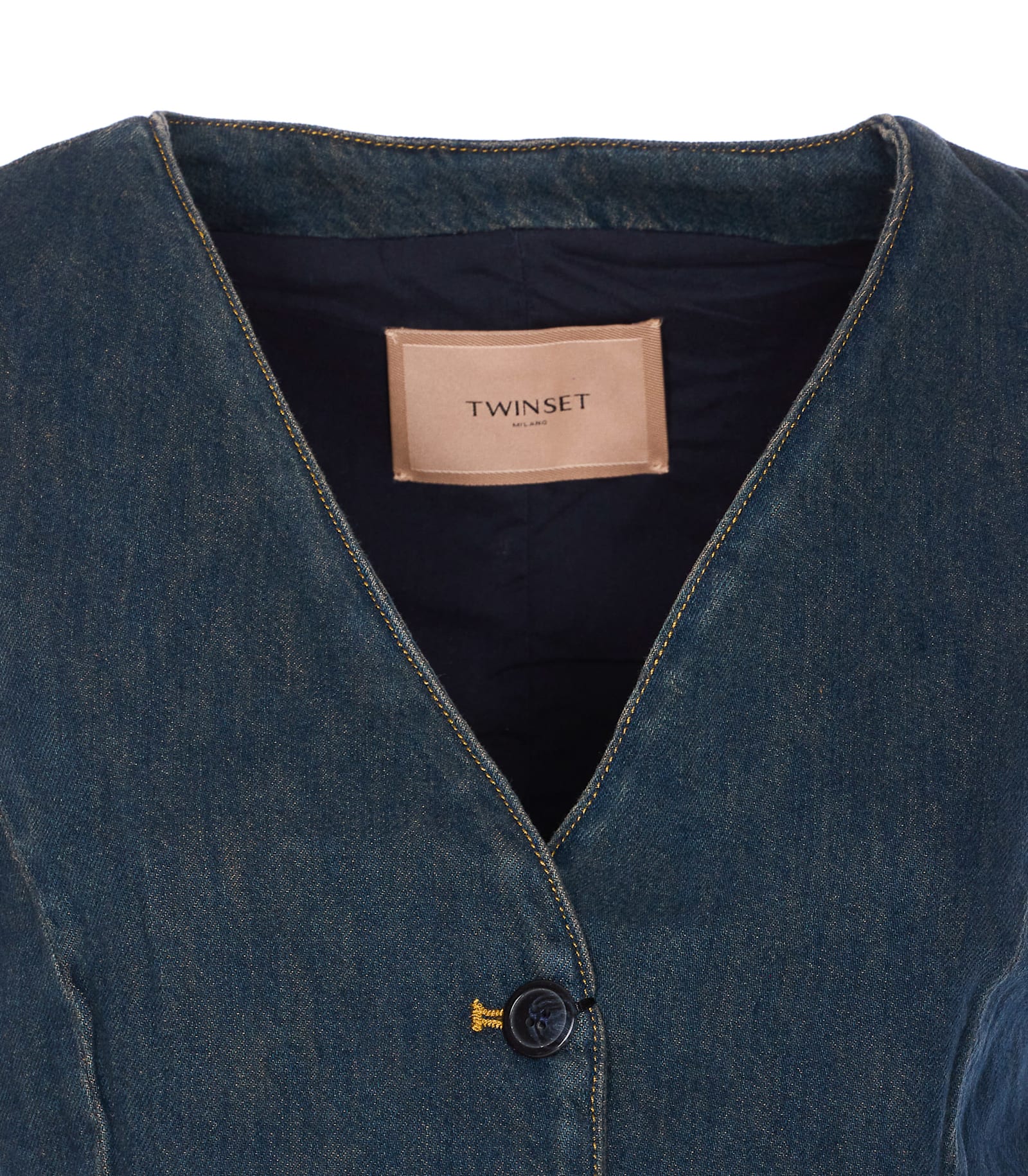 Twinset Denim Vest With Front Pockets And V-neckline In Blue