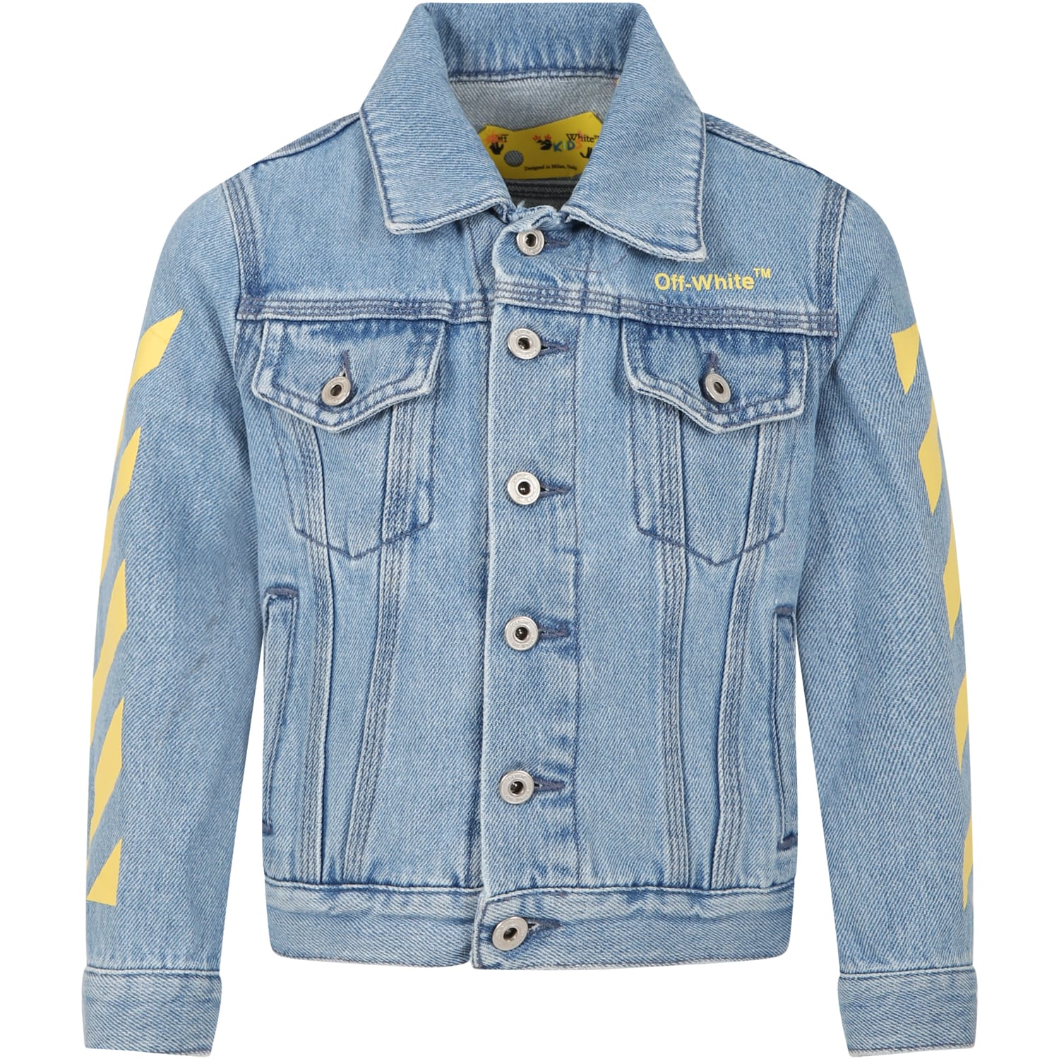 OFF-WHITE LIGHT BLUE JACKET FOR KIDS WITH ICONIC ARROWS AND LOGO