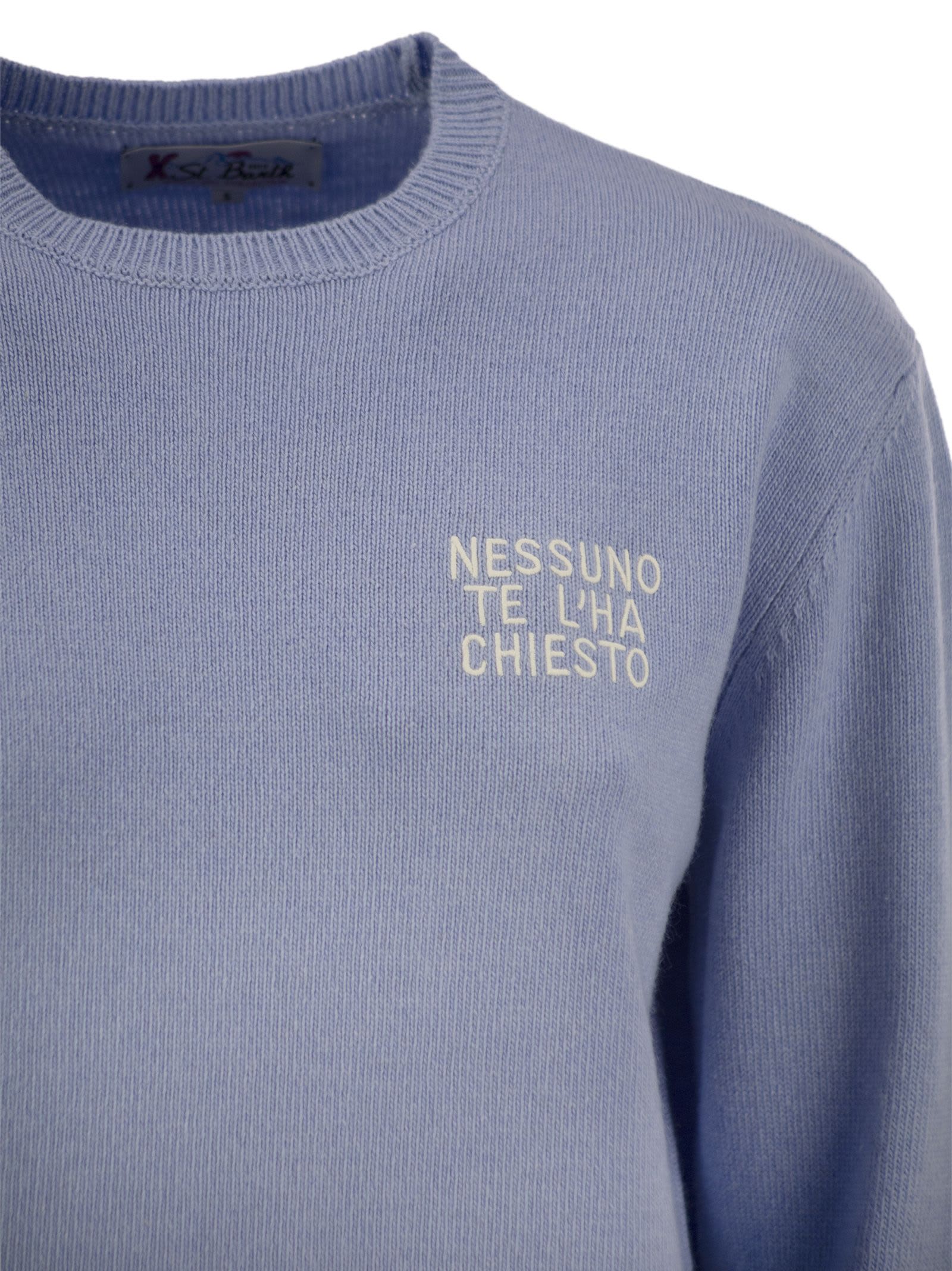 Shop Mc2 Saint Barth Wool And Cashmere Blend Sweater With Embroidery Nessuno Te Lha Chiesto In Light Blue