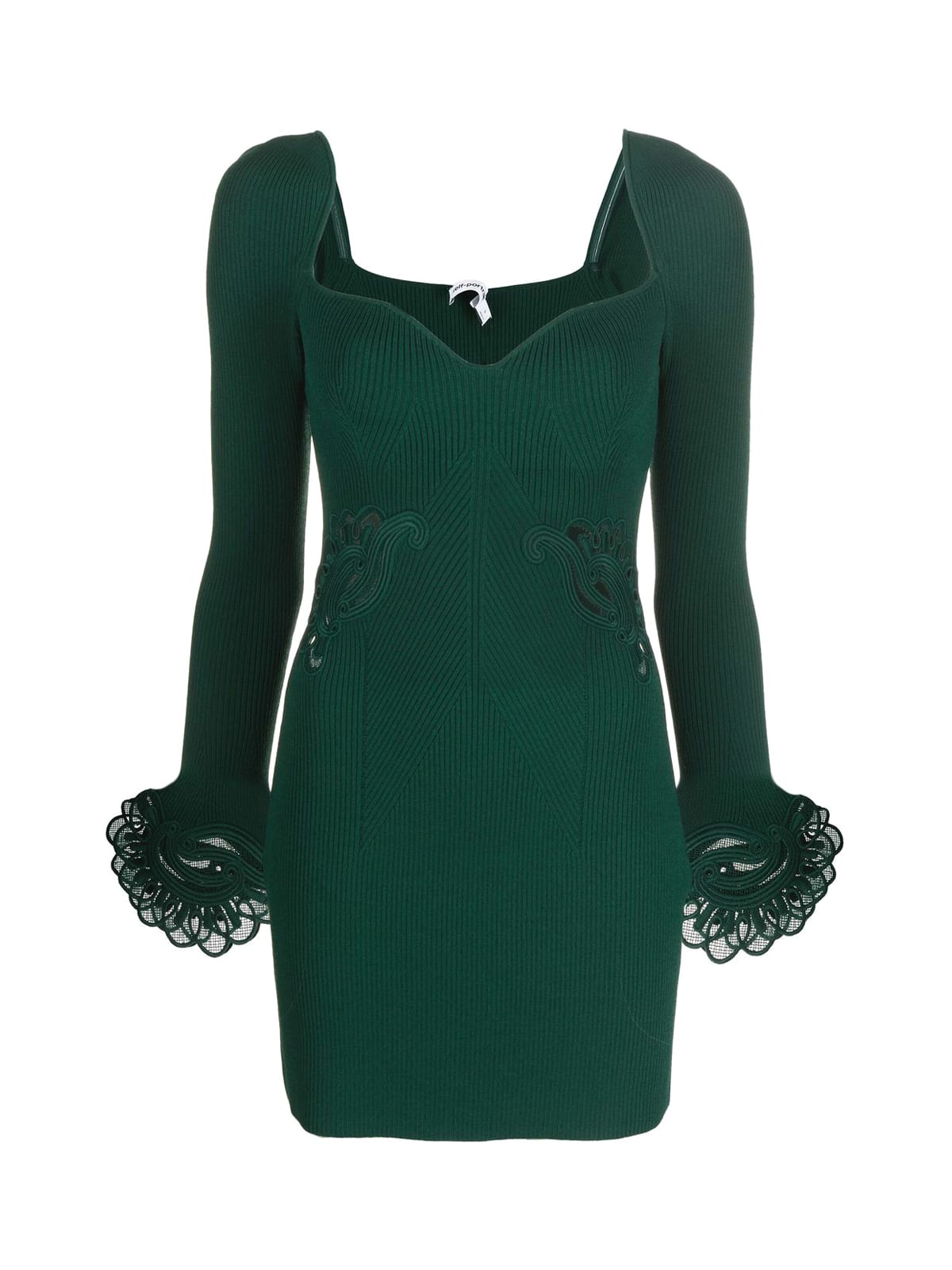 self-portrait Dark Green Inserted Lace Ribbed Knit Mini Dress