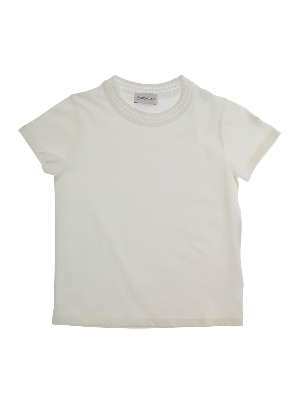 Moncler White T-shirt With Round Neck And Logo Patch On The Sleeve In Cotton Girl In Neutral
