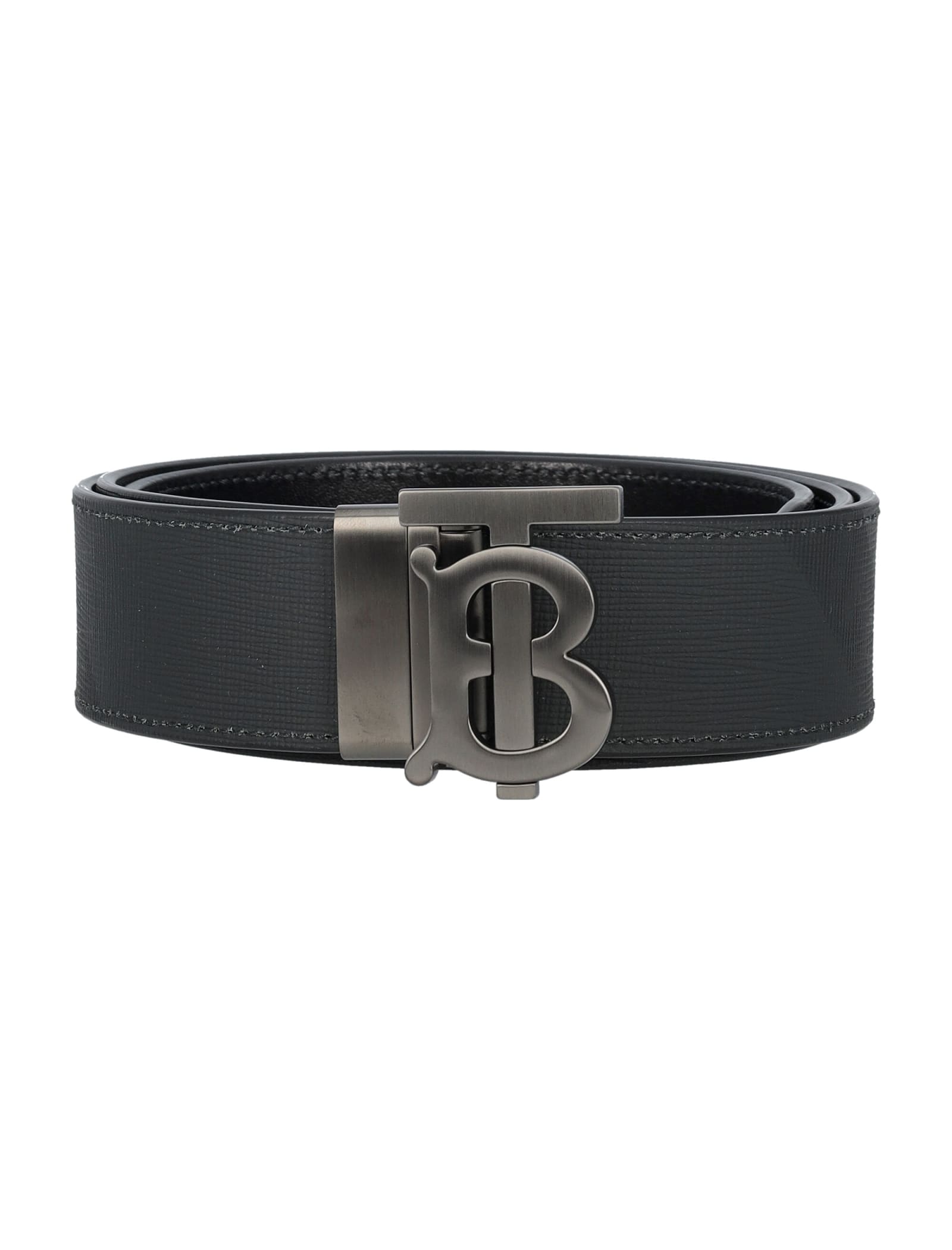 Shop Burberry Check And Leather Reversible Tb Belt In Charcoal/graphite