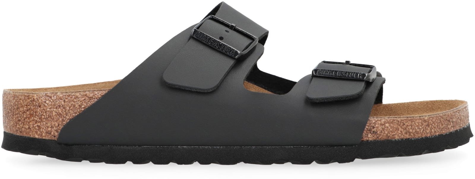 Shop Birkenstock Arizona Bs Leather Slides With Buckle In Black