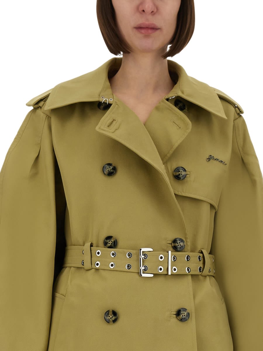 Ganni Double-breasted Belted Short Trench Coat In Multi