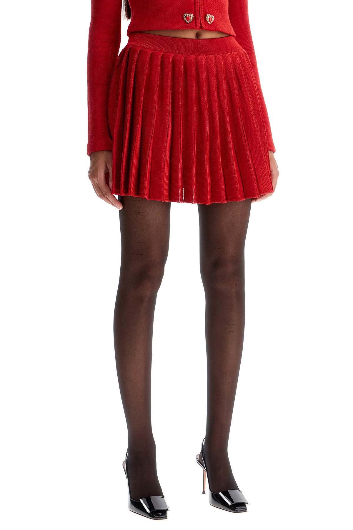 Self-portrait Pleated Knitted Mini Skirt In Red