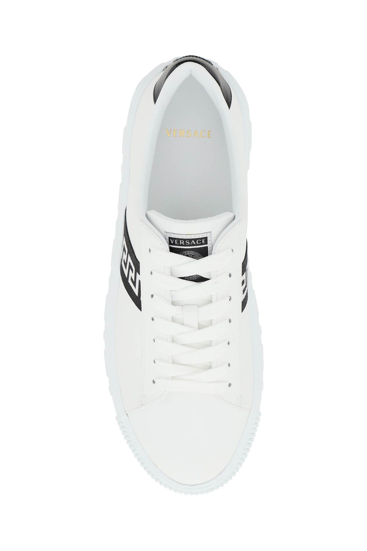 Shop Versace Leather Greca Sneakers In White Black (white)