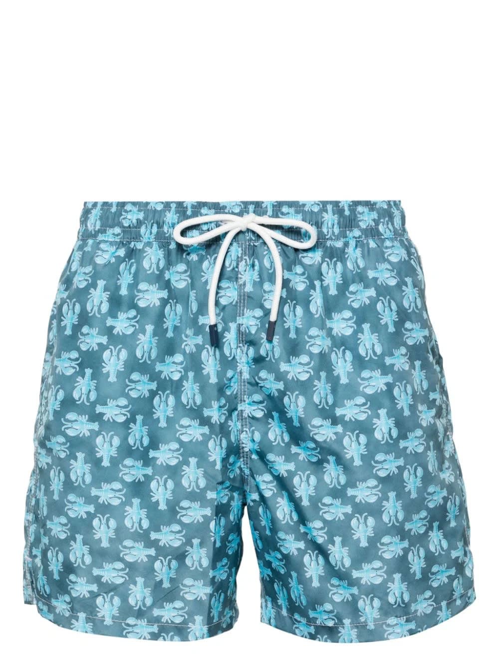 Shop Fedeli Oil Green Swim Shorts With Lobster Pattern