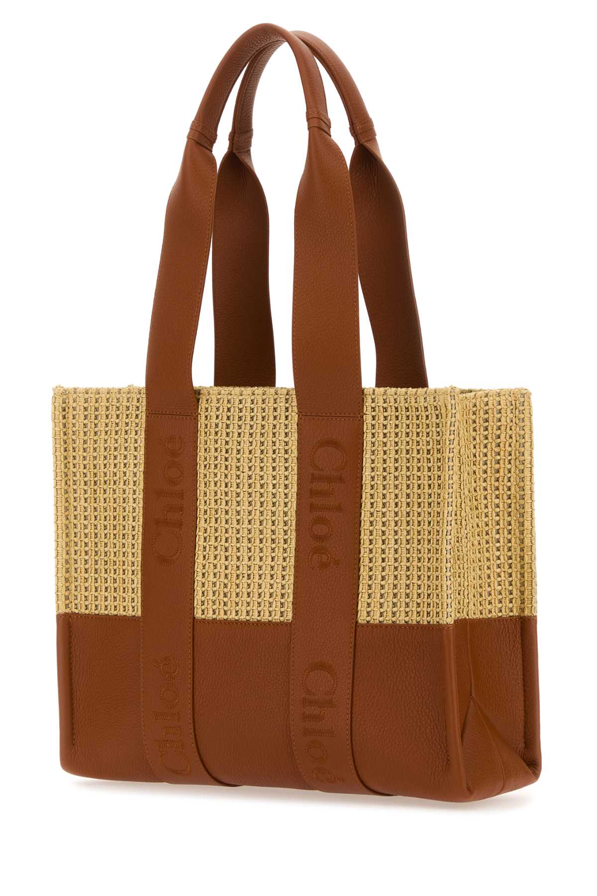 Chloé Two-tone Raffia And Leather Medium Woody Shopping Bag In Caramel