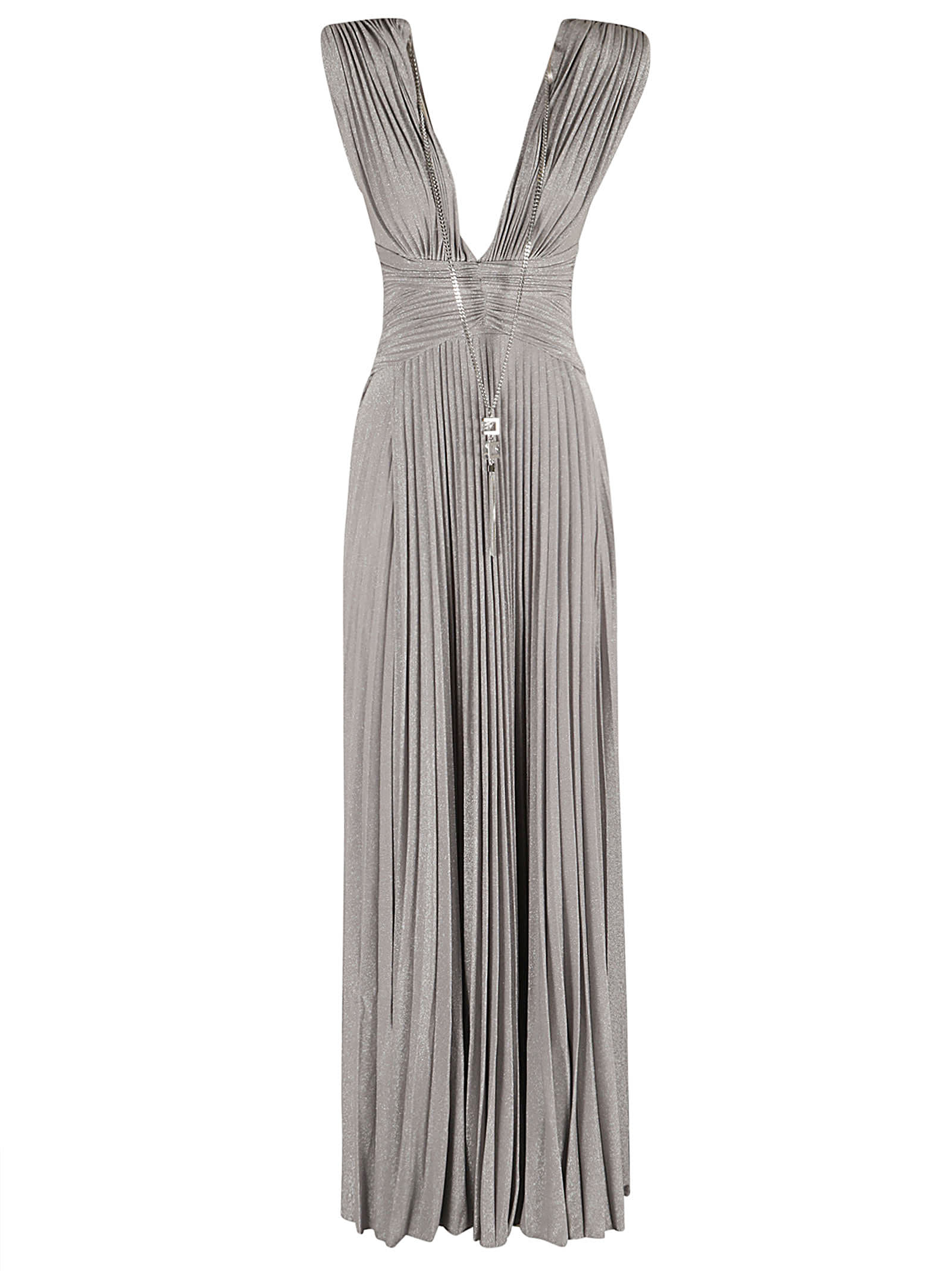 Elisabetta Franchi Sleeveless Pleated Long Dress In Silver